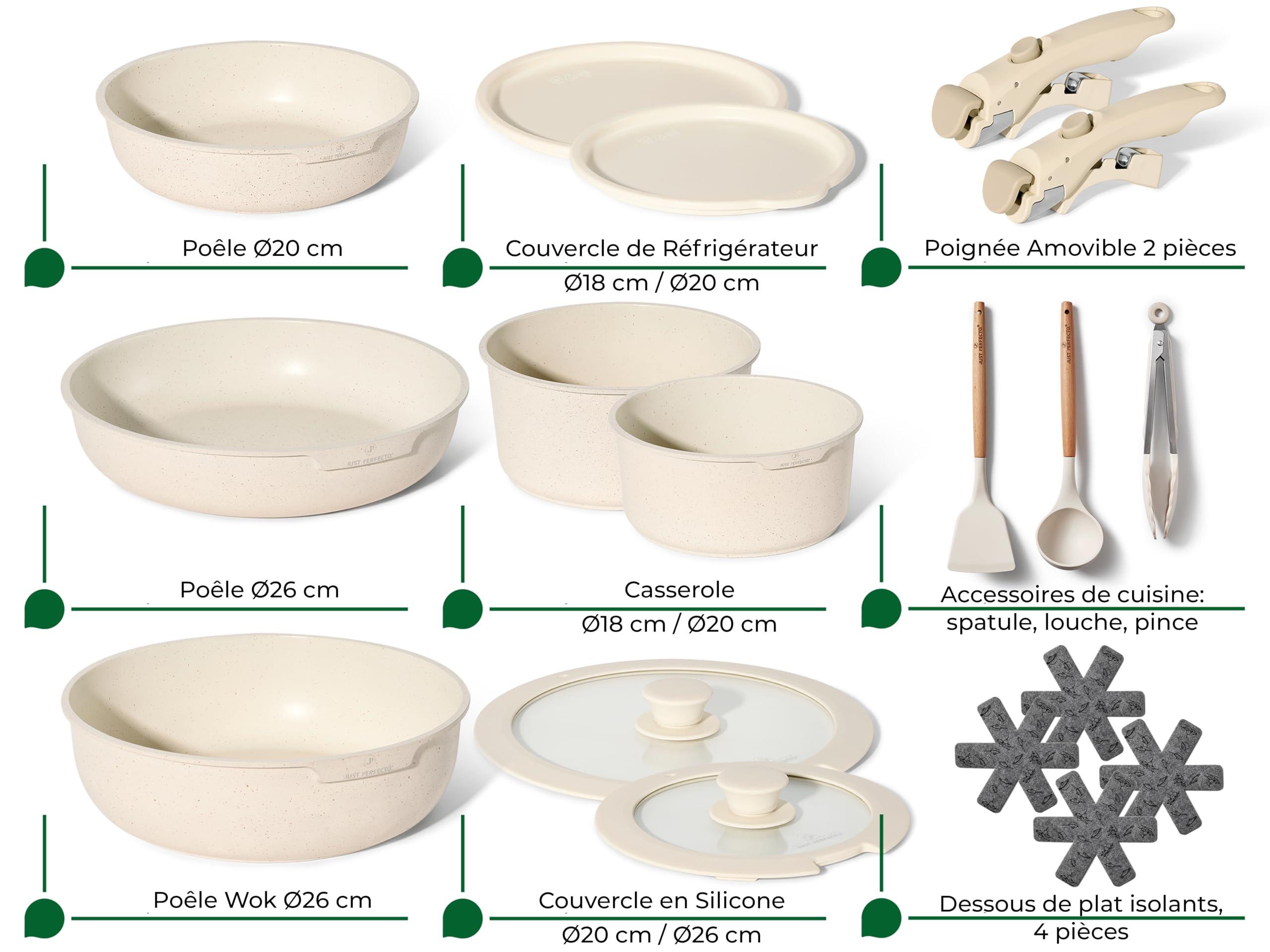 Just Perfecto Batterie de Cuisine 18 Pièces Manche Amovible JL-996, Beige | revêtement antiadhésif sans PFOA, manche amovible, compatible tous feux dont induction, empilable