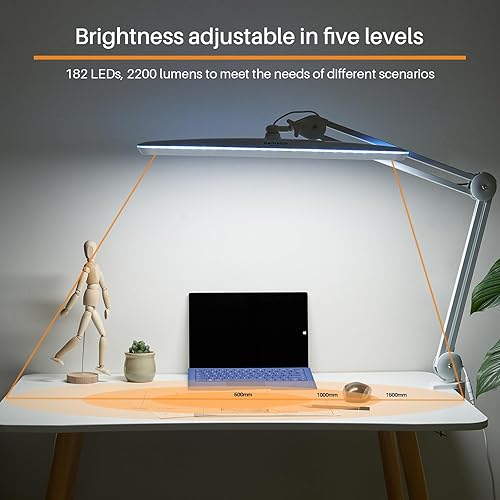 Miniatura 9 de Bemelux Lámpara de trabajo con abrazadera, 117 luces LED brillantes, brazo oscilante de metal de 24 W, 2200 lúmenes, lámpara de escritorio LED