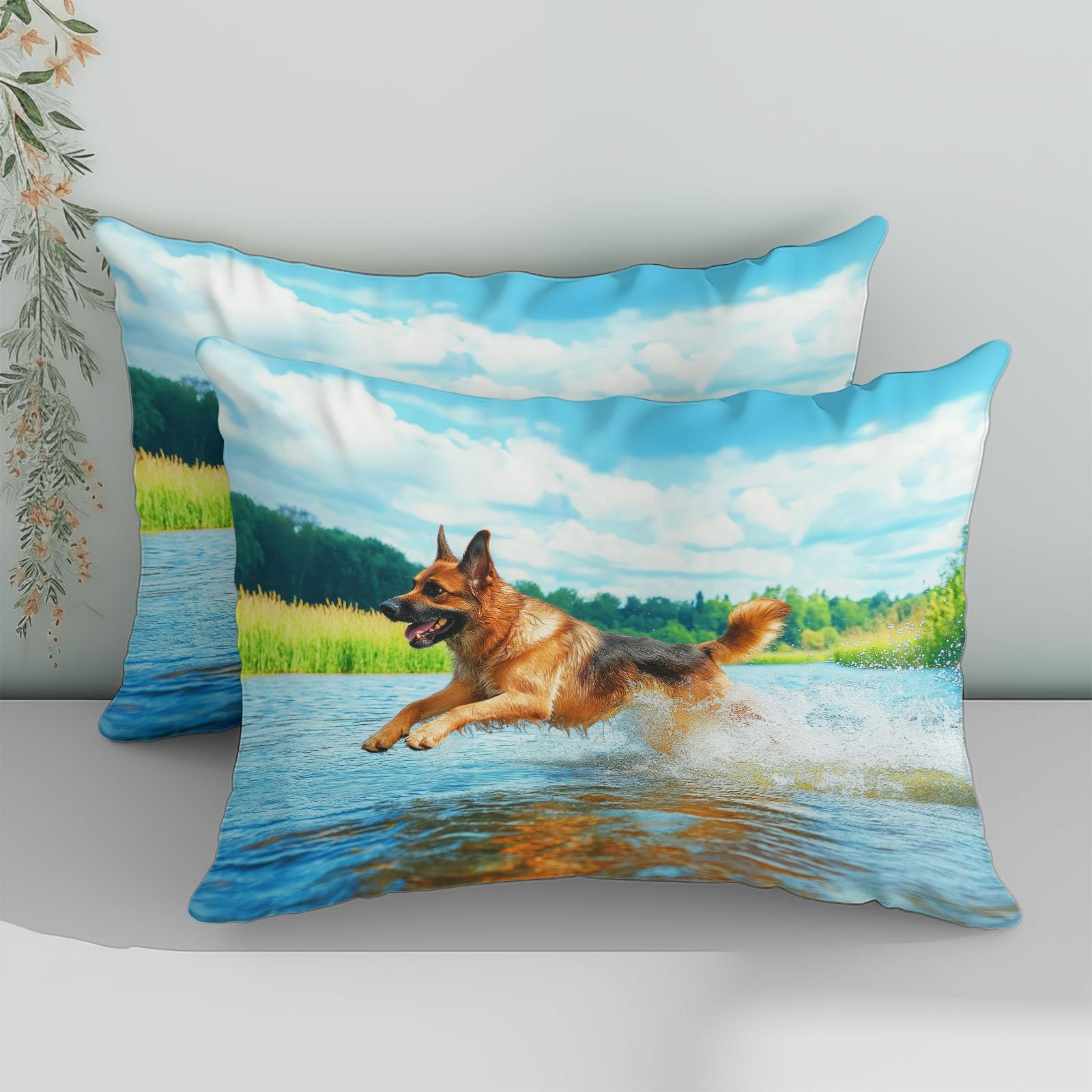 Zestaw poszewek na kołdrę 220 x 240 cm Wzór Zwierząt Owczarek Wodny Rzeka Zestaw pościeli z 2 poszewkami na poduszki 65x65 cm, 100% mikrofibra pościel, zamek błyskawiczny, niebieska mgiełka