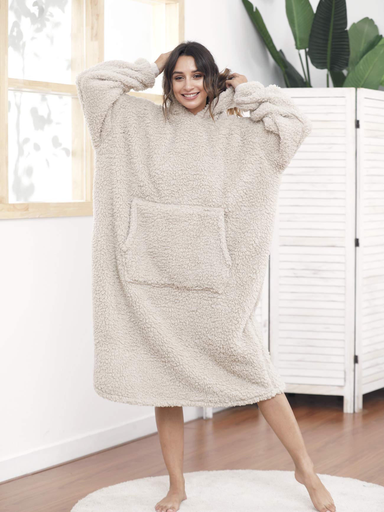 Übergroße Sherpa-Decke mit Kapuze für Damen und Herren, Lange Bequeme Sherpa-Decke, Sweatshirt, zotteliger Pullover, Plüsch, warm, gemütlich, Einheitsgröße