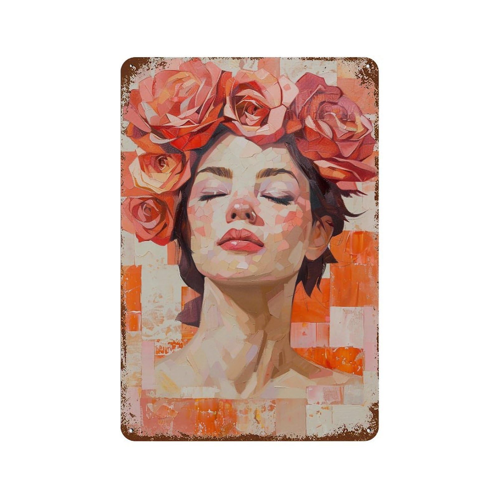 YHGERTKU Woman with Red Roses Impasto 03 Wall Art Retro Iron Vintage Metal Tin Sign Poster Modern Decor for Living Rooms Gift 30x20cm