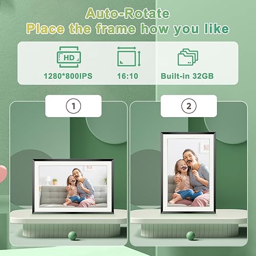 Miniatura 4 de Eptusmey Marco de fotos digital marco de fotos digital Frameo WiFi integrado de 32 GB con pantalla táctil HD de 10.1 pulgadas, envía fotos o videos