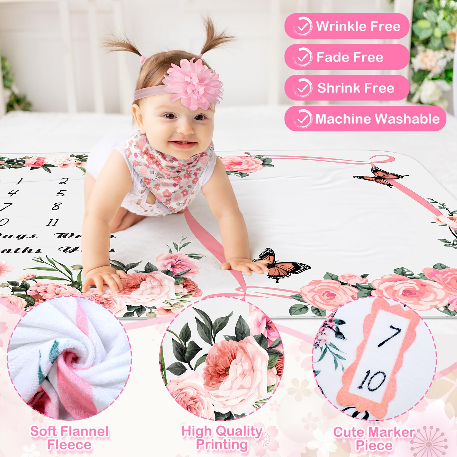 Chumia 6-Piece Baby Milestone Blanket Set – Flannel Growth Chart With Headband, Bib & Frames (Pink Floral) - View #7