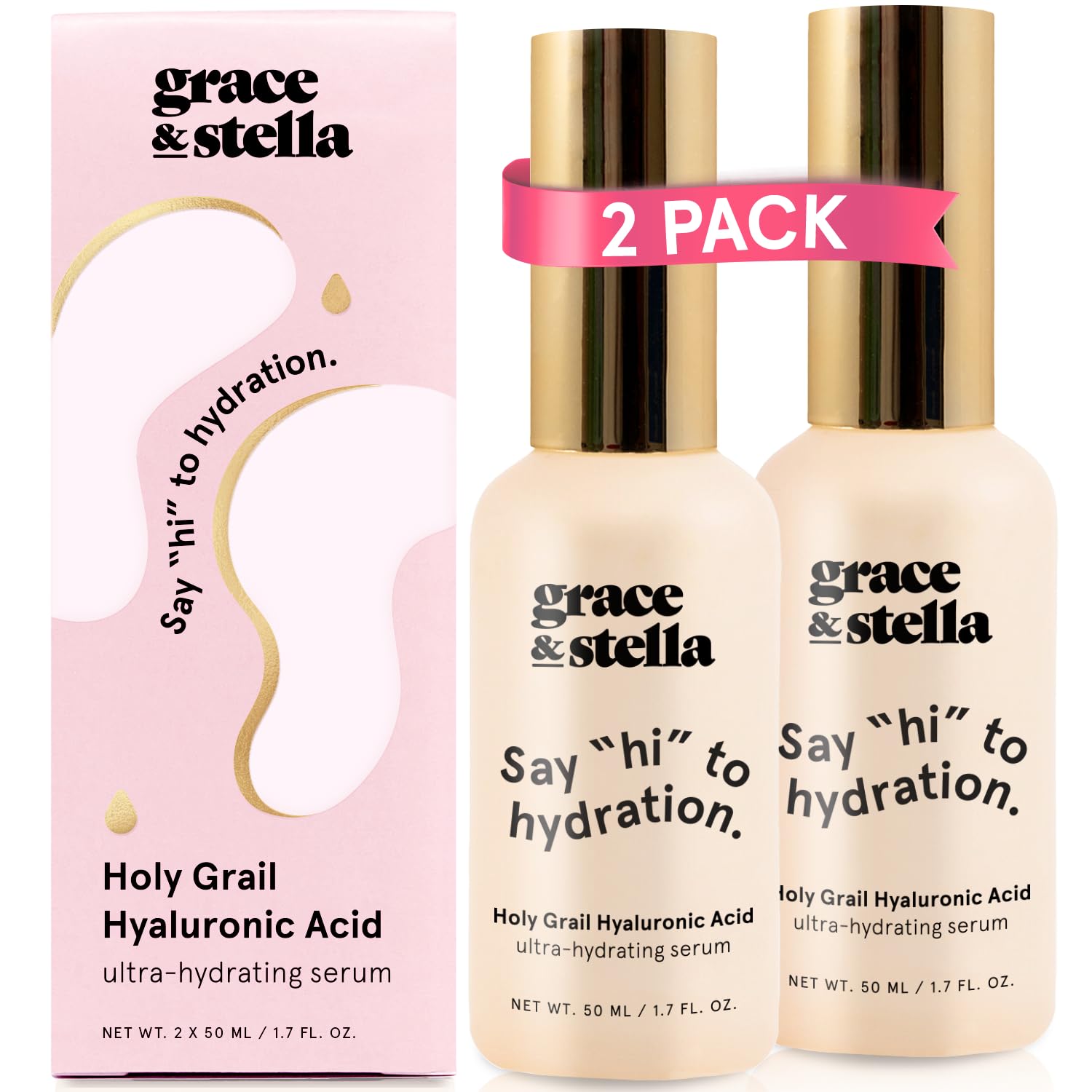 grace & stella Award Winning Hyaluronic Acid Serum for Face (50ml, 2-pack) Hydrating Hyaluronic Acid - Acide Hyaluronique Face - Glass Skin - Anti Aging Serum to Hydrate, Remove Fine Lines, Wrinkles, Skin Texture