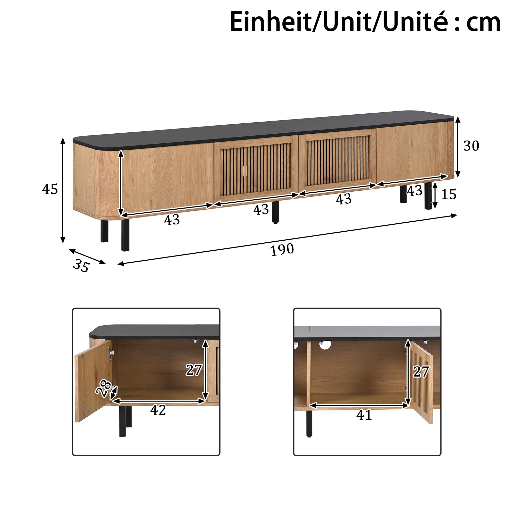 190cm TV Lowboard mit Gittertür-Design, TV Schrank mit Großer Stauraum, Fernsehschrank mit Eisenbeine, TV Board, Fernseher Schrank für Wohnzimmer, Hobbyraum und Arbeitszimmer, Eichenholzfarbe