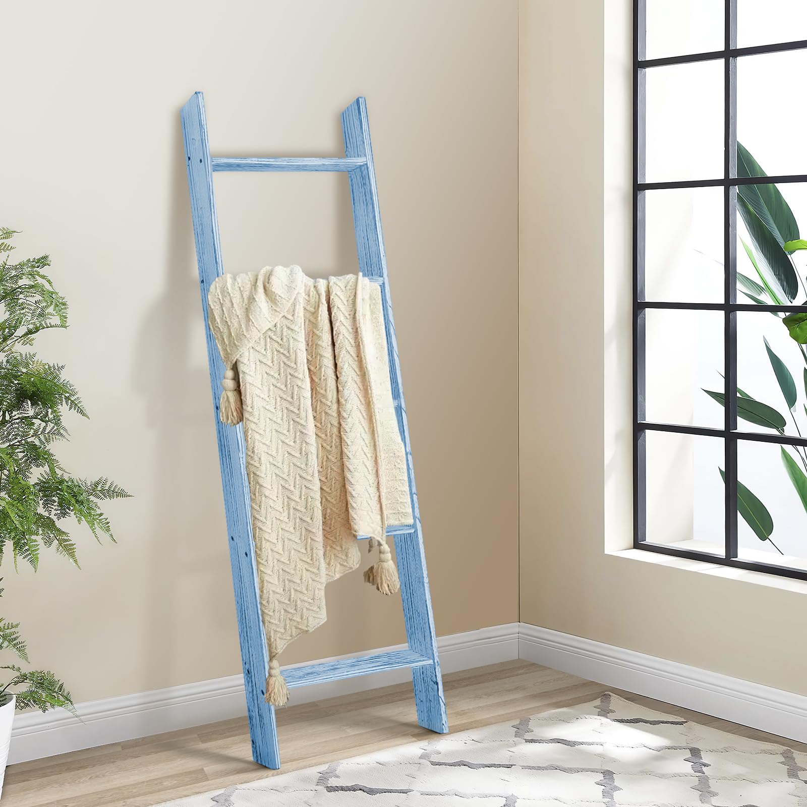 TEAKMAMA Blanket Ladder 4.5 Ft Blanket Rack, Decorative Blanket Ladder Farmhouse Blanket Holder, Wall Leaning Blanket Ladders for Living Room, Easy to Assemble - Blue