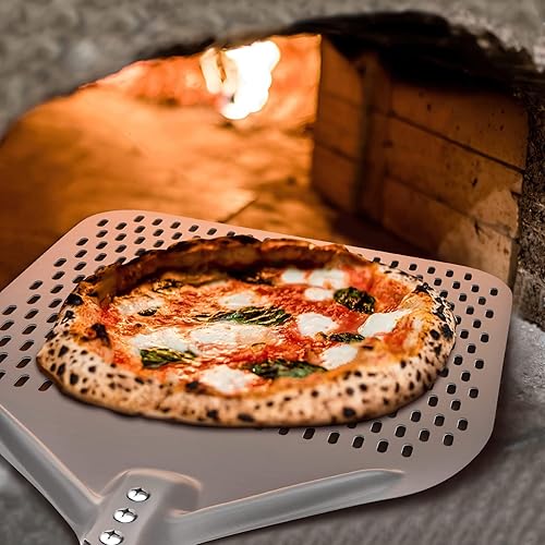 Miniatura 3 de G.a HOMEFAVOR Cáscara de pizza perforada de 14 x 17 pulgadas, 35 pulgadas en total, rectangular de aluminio para torneado de pizza con mango de