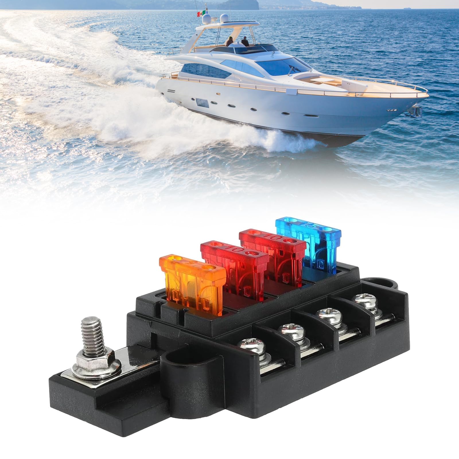 Porte Fusible Voiture 4 Voies Blocs Fusible Lame ATC/ATO avec Couverture Étanche et 4 Pièces Fusibles à Lame pour Automobile Camion Bateau Camping-car