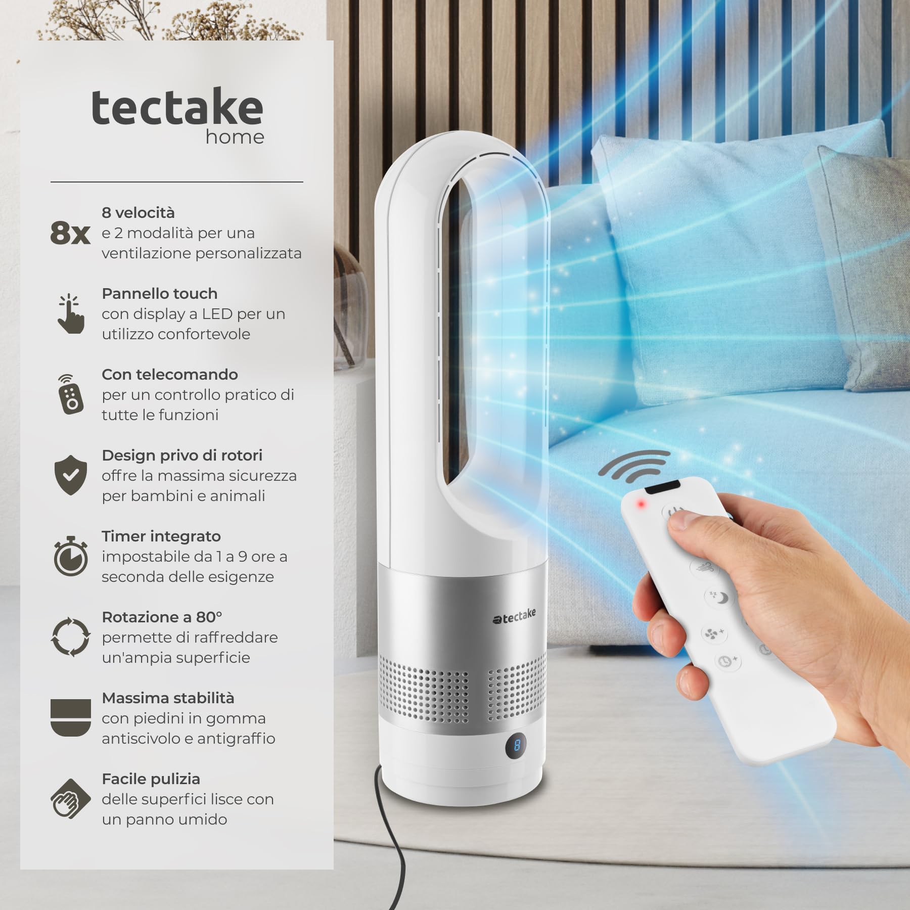 tectake® Ventilatore a Torre Silenzioso, Ventilatore Portatile a Piantana Senza Pale, 8 Velocità, Oscillazione 80°, Timer Regolabile, Pannello Touch LED, Telecomando, Per Casa e Ufficio - Bianco