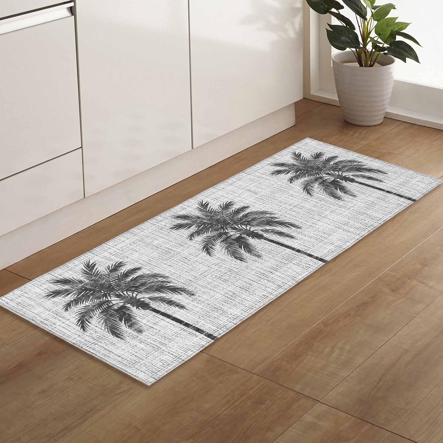Kitchen Mats for Floor Black Coconut Tree Sketch Washable Non Slip Kitchen Rugs 1PCS, Tropical Plant Retro Burlap Texture Absorbent Standing Mats for Sink Bathroom Office Living Room 15.7x47.2in
