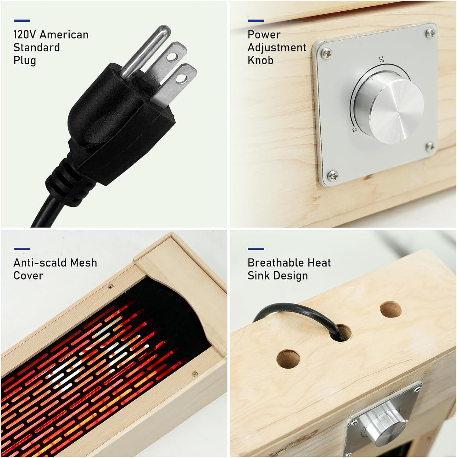 Individually Controlled Far Infrared Sauna Heater with Temperature Knob Adjuster, 110V, 350W/Pcs, with Anti-scald Mesh Cover, Heat Reflector, Hemlock Material
