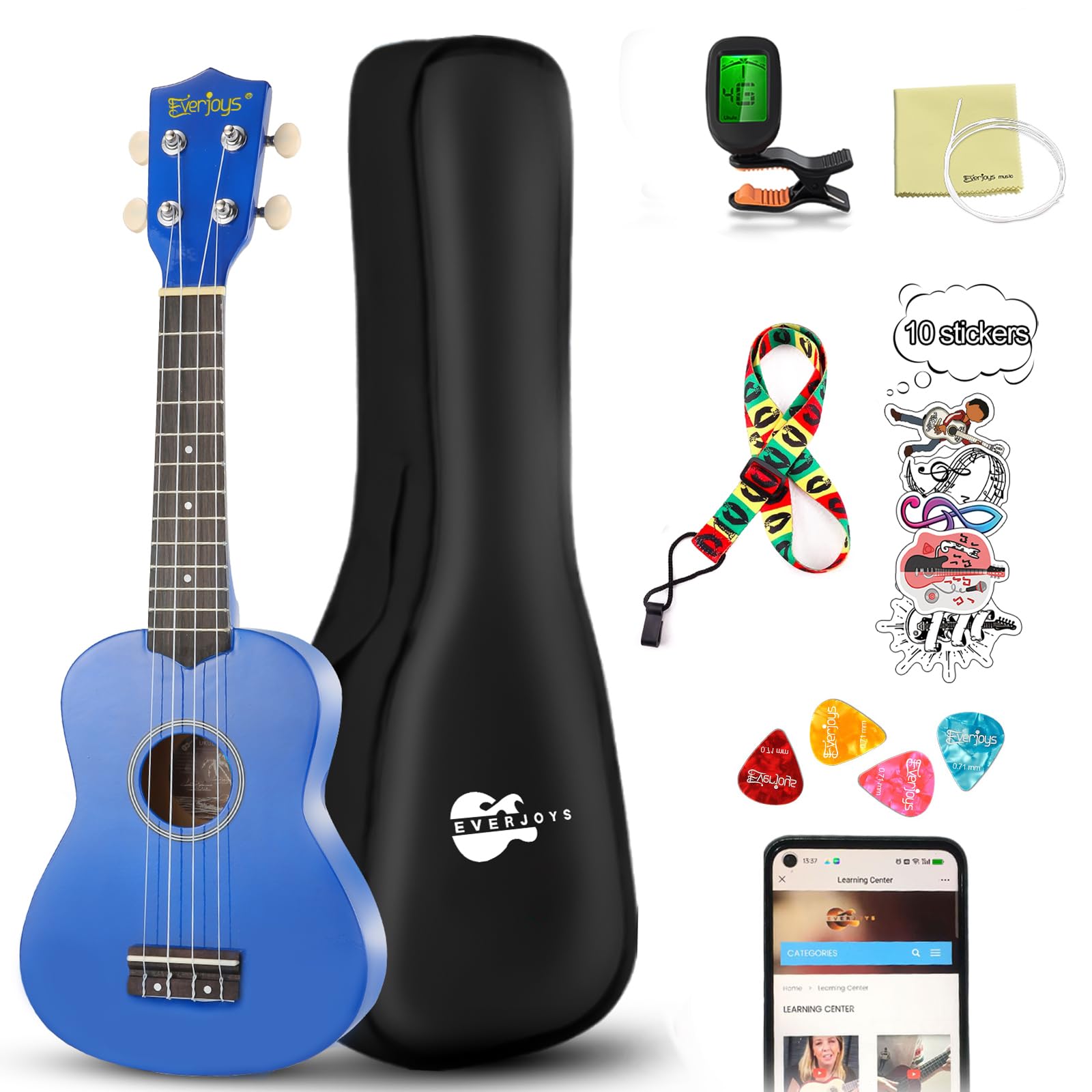 Everjoys Soprano Ukulele Beginner Kit 21 Inch w/Free Online Lesson Gig Bag Tuner Picks Strap, Fast to Learn (Shinny Blue）