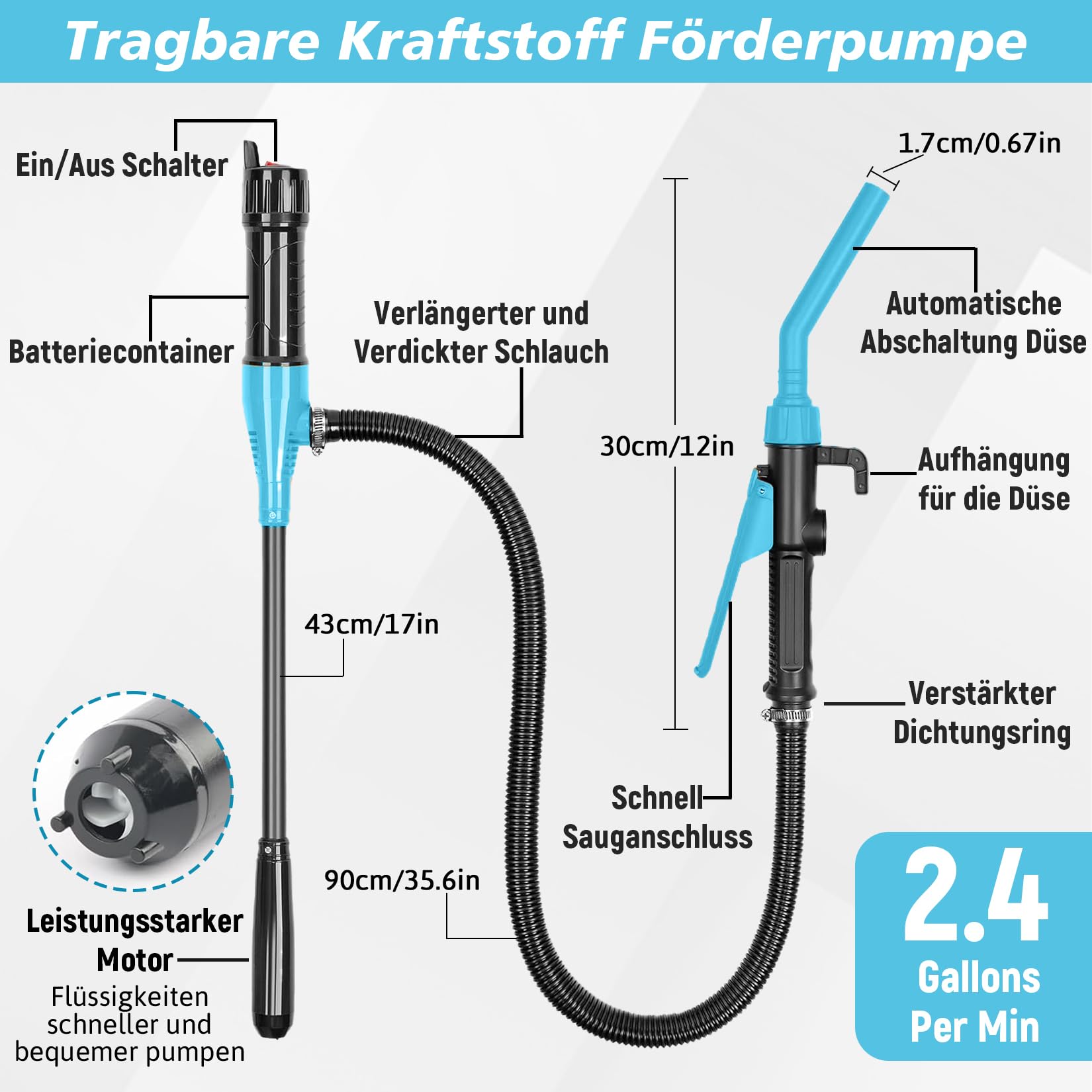 Herbst Bomba de Transferencia eléctrica, Bomba de Gasolina para bidones, Bomba de Aceite eléctrica portátil a batería de 2.4 GPM (9 L/min) para Coches y Motocicletas