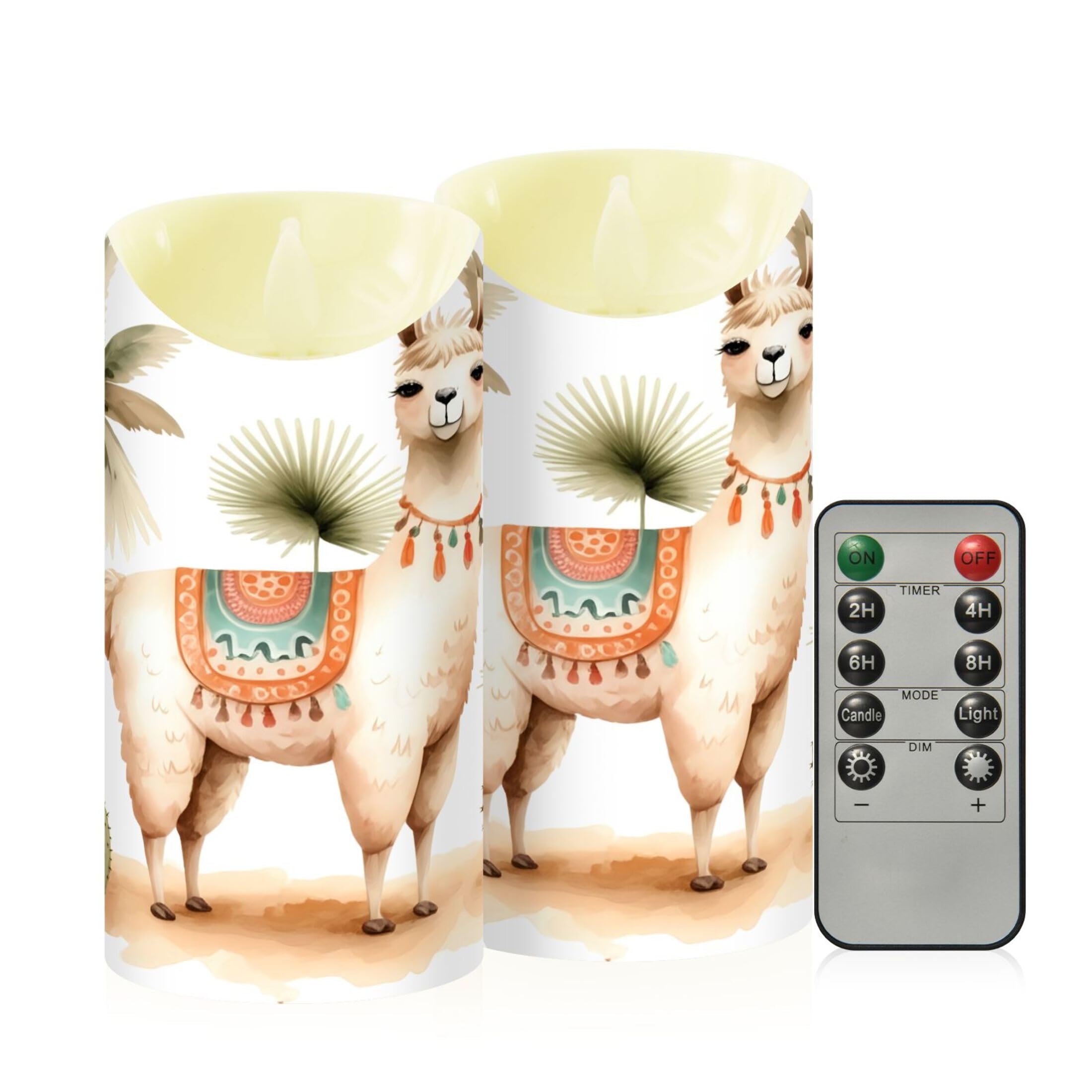 Kutsu Llama Flameless Candles Set of 2, Battery Operated LED Flickering Candles with Remote and Timer, Plastic Pillar Candles for Home Wedding Decor