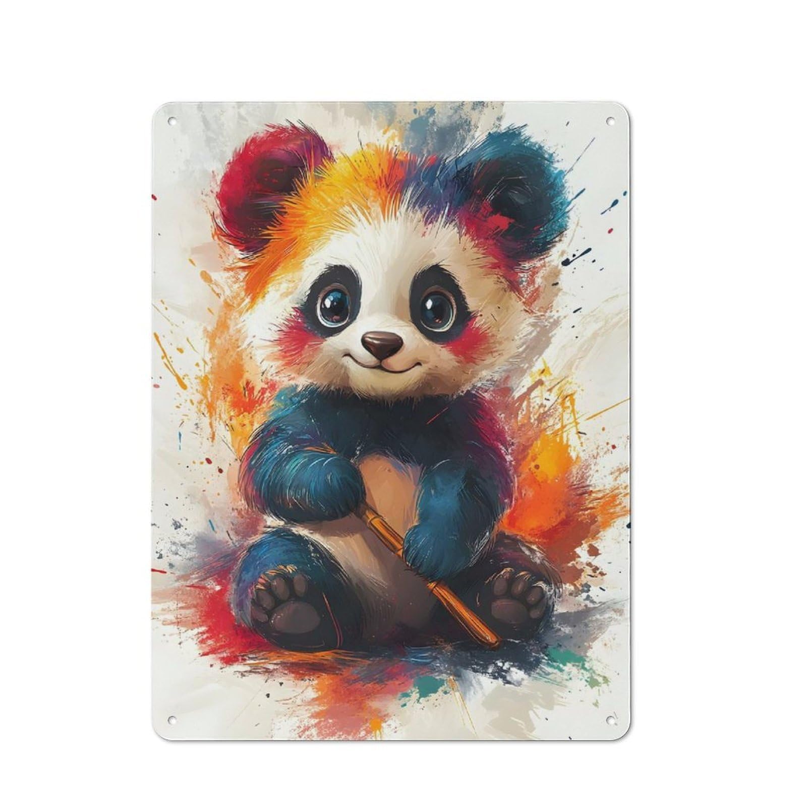 Rustic Tin Wall Sign 40x30cm Featuring Colorful Panda Bear, Bistro Wall Plaque for Restaurant, Kitchen, Counter Or Breakfast Nook