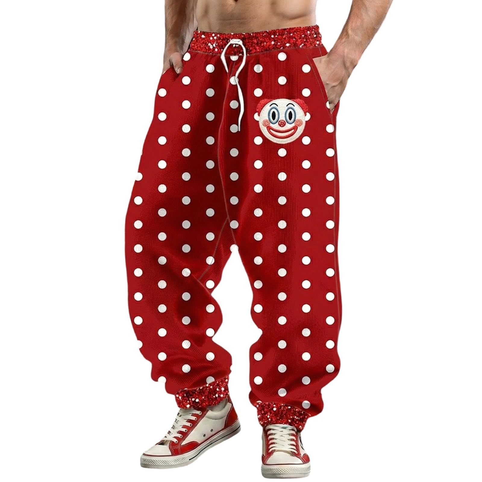 Générique Men's Harem Pants Clown Costume Carnival Clown Trousers Lapel Pattern Elastic Waist Casual Jogging Bottoms Pyjama Bottoms Baggy Pants, Red, S