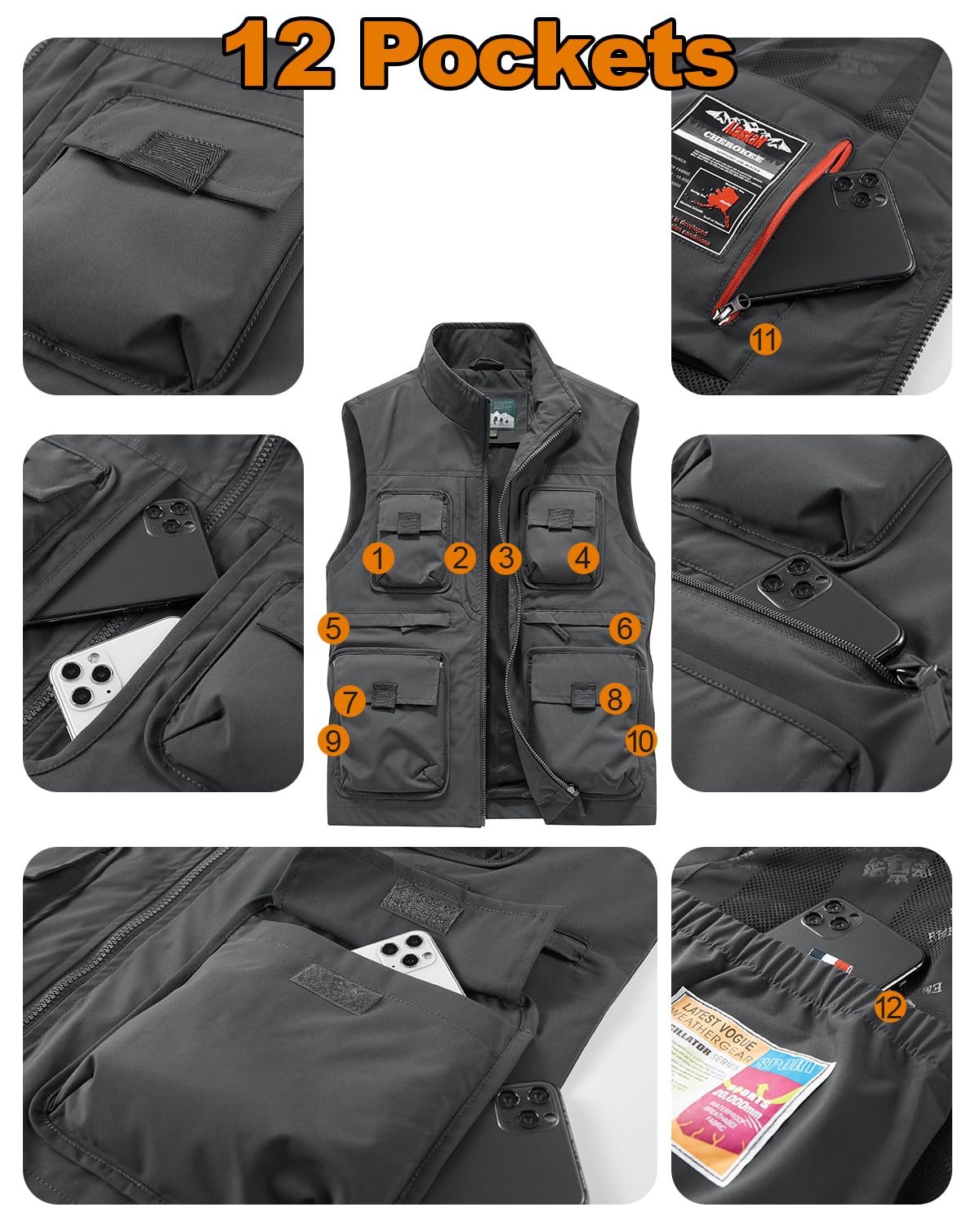 Veste Sans Manches Homme Gilet de Pêche avec Grandes Poches Col Montant Plein Air Golf Gilets pour Photographie Randonnée Escalade