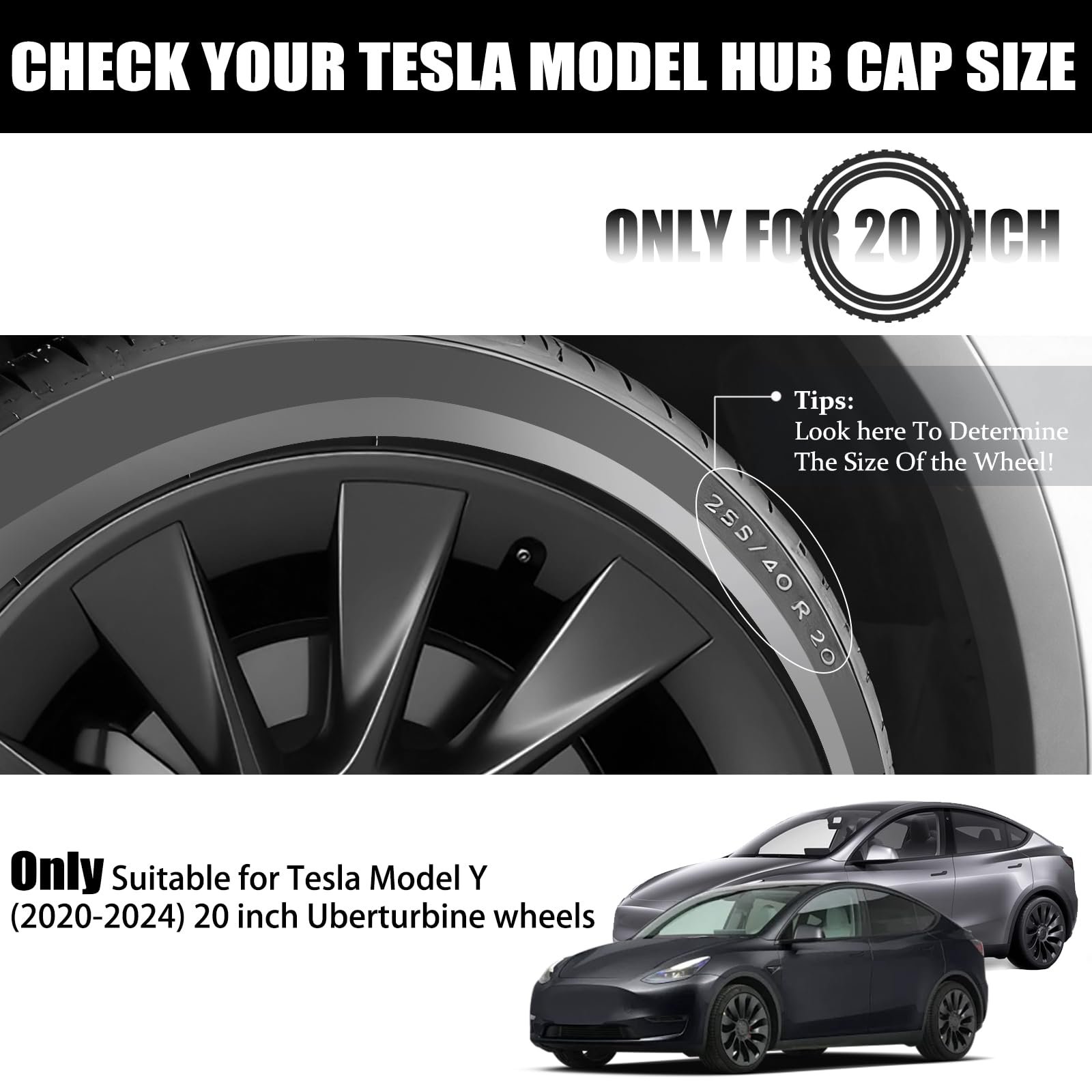 Copricerchi protettivi per Tesla Model Y 20 pollici (2020-2024), facili da installare, anelli di rivestimento resistenti ai graffi, design elegante per ruote a induzione, nero opaco, 4 pezzi accessori