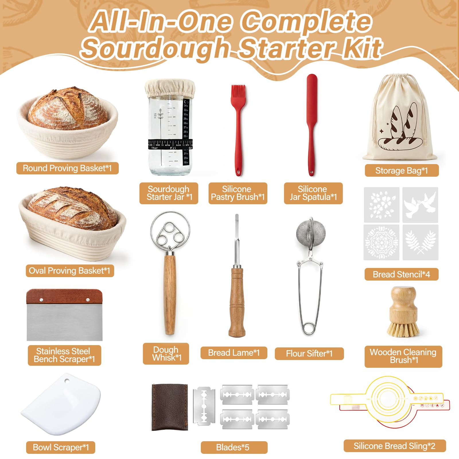 Banetones para Pan, Cesta de Fermentación para Pan 18Piezas Kit Completo de Panadero con Banetones de Caña Natural, Batidor, Cuchillo de Panadero y Paño de Lino,Cesta para Pan de Masa Madre