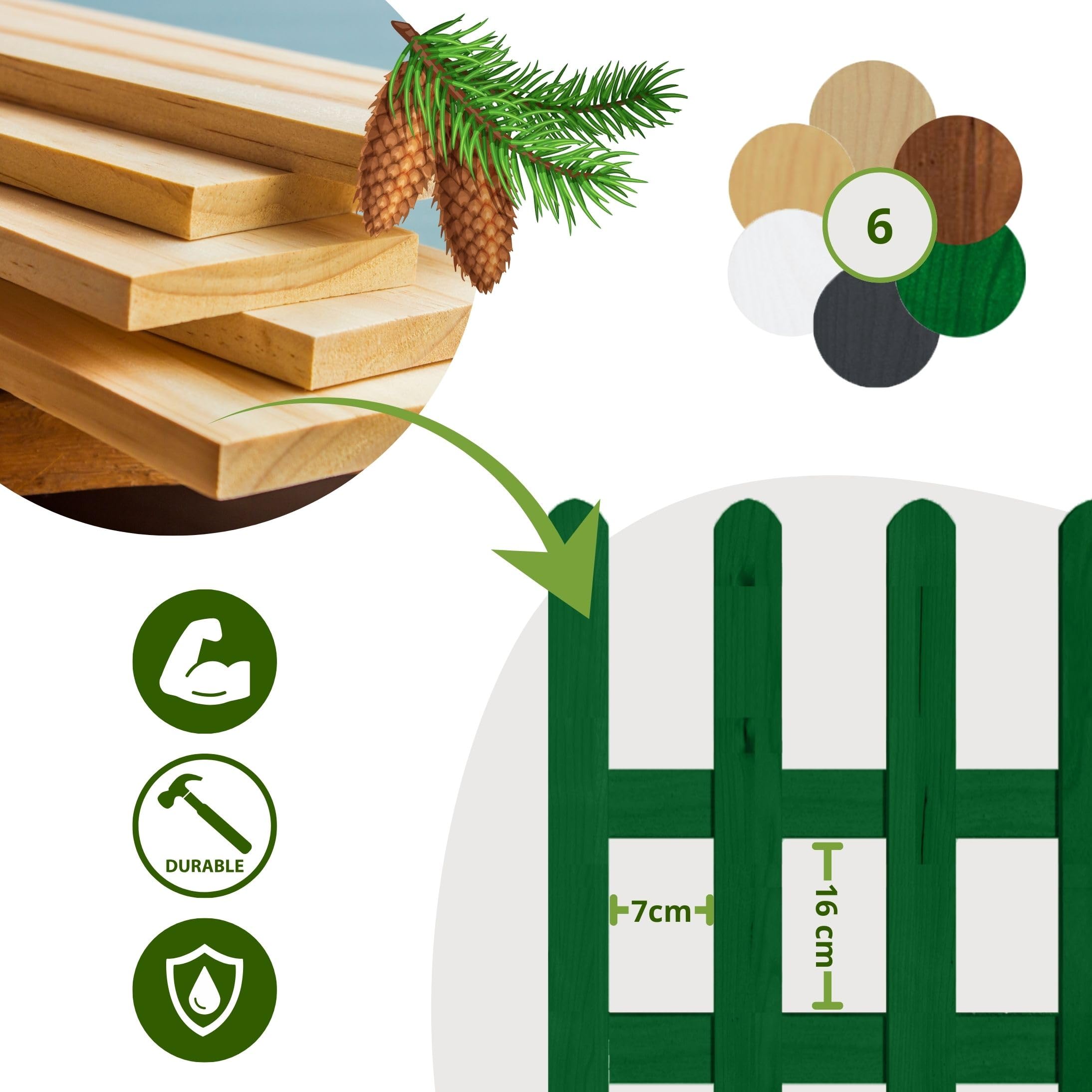 Floranica Set van 4 Perkhekje Tuinhek Grenen tuinhekGazonrand 40 cm x 100 cm Natuur Tuinhekje Sierhekwerk van hout Decoratief hek Decoratieve Omheining Borderrand Tuinaanleg