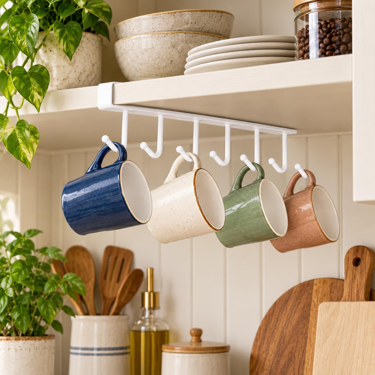 BNYD Under Cabinet Mug Holder 6-Hook Coffee Mug Rack, White Steel Organizer