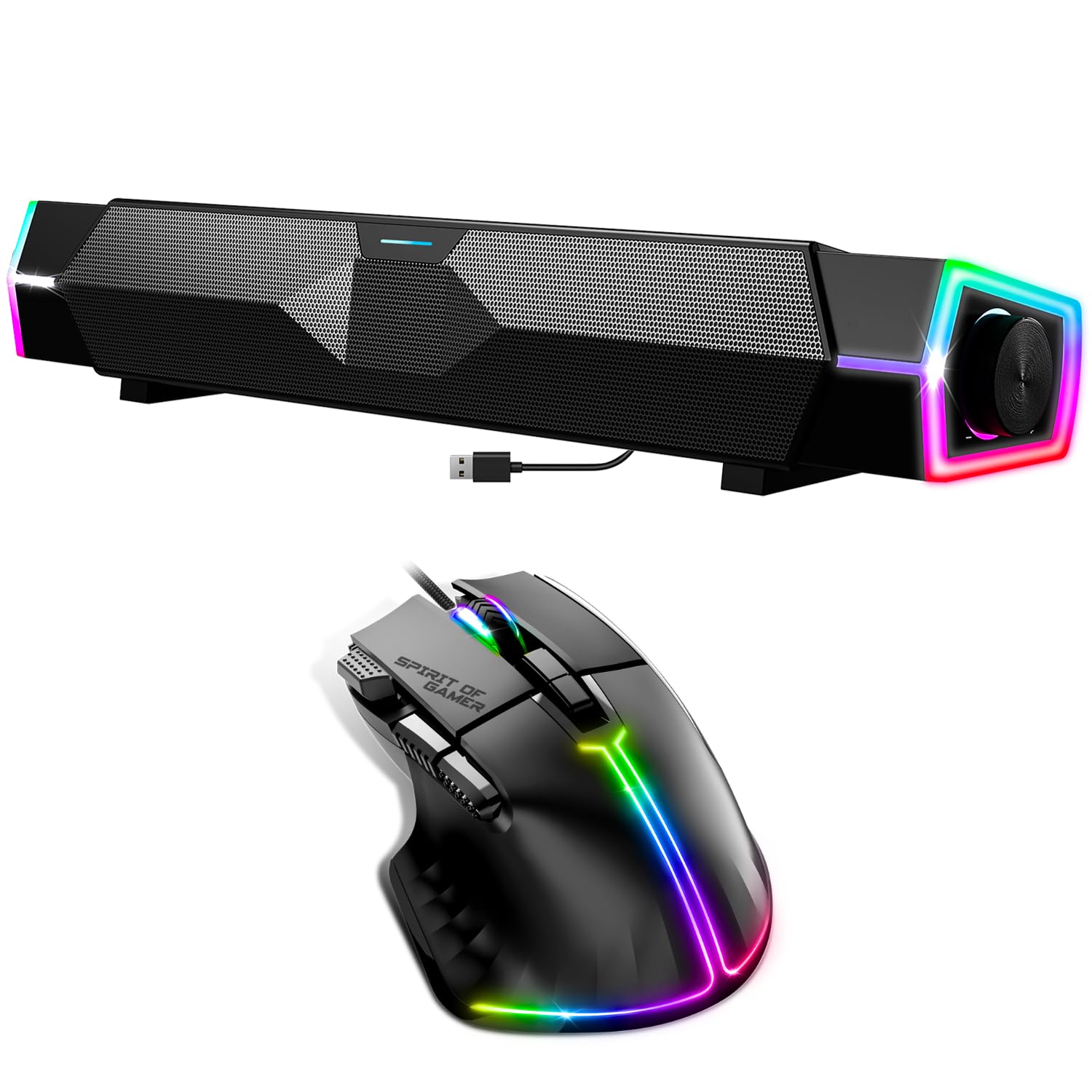 Spirit Of Gamer, Pack Enceinte + Souris Gamer Filaire RGB, Barre de Son Compacte 6W RMS avec Son stéréo 2.0, Souris Gamer Filaire pour PC 12800 DPI avec 8 Boutons Programmables Dont 1 Rapid Fire