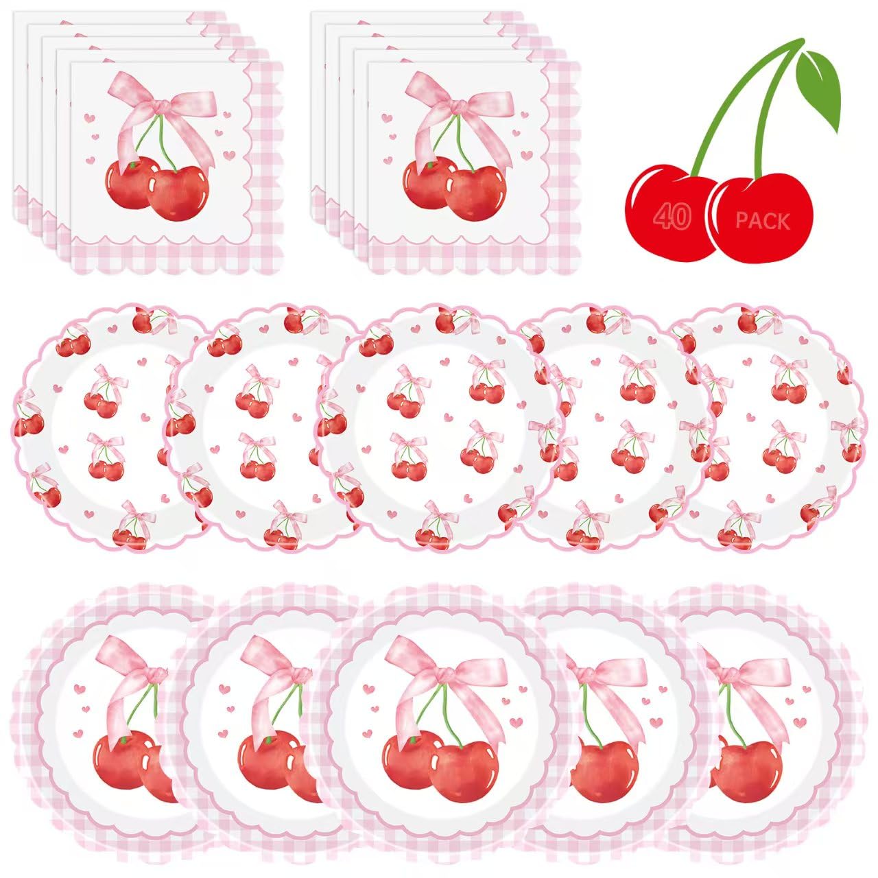 40 Pcs Cherry Birthday Decorations - Pink Bows Plates and Napkins Party Supplies, Disposable Scalloped Bowknot Paper Dinner Plates Napkins Sets for