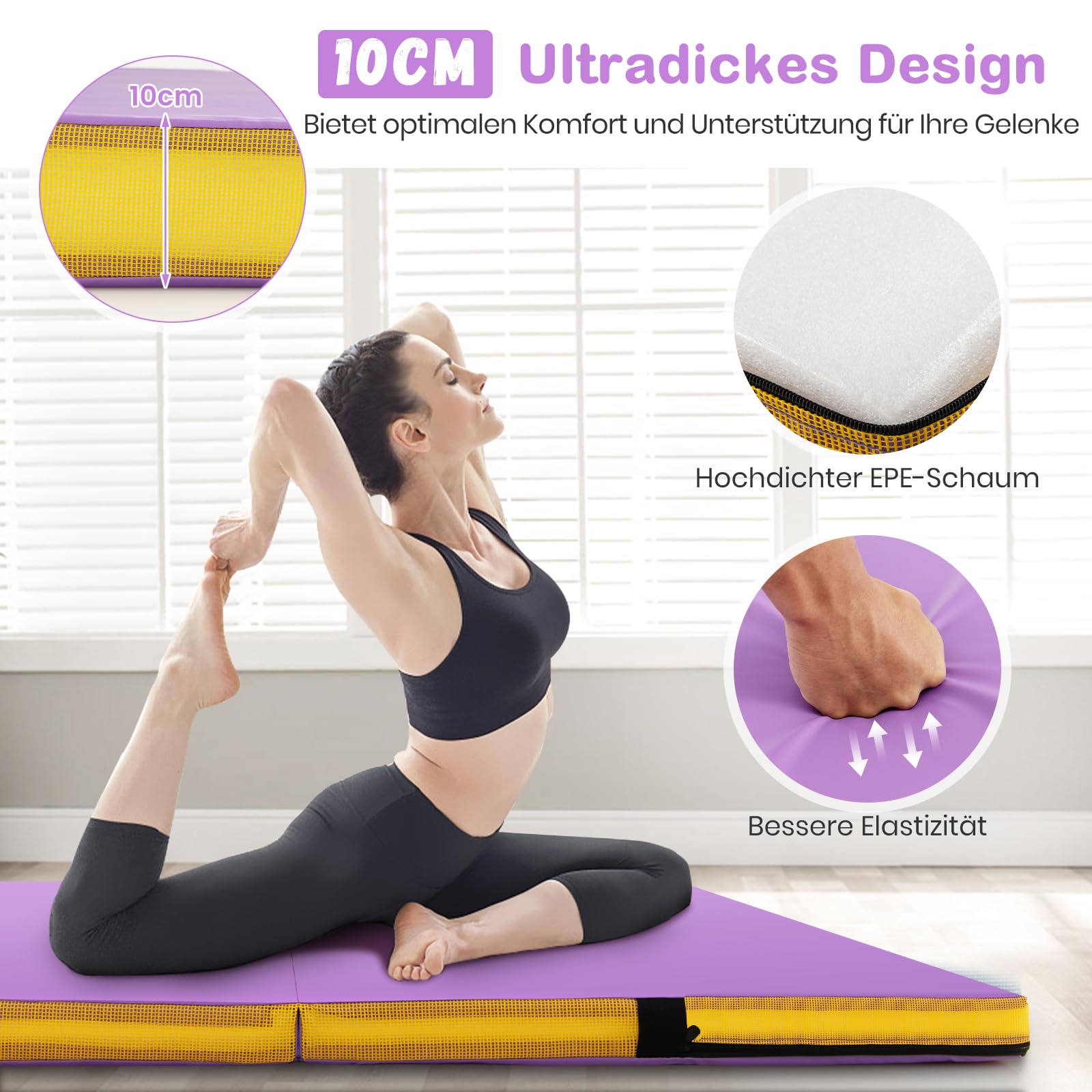 COSTWAY Turnmatte klappbar, 122 x 122 x 10 cm Weichbodenmatte, Gymnastikmatte faltbar & tragbar, quadratische Sportmatte aus PU-Bezug mit Tragegriffe, Yogamatte indoor für Kinder, Erwachsene