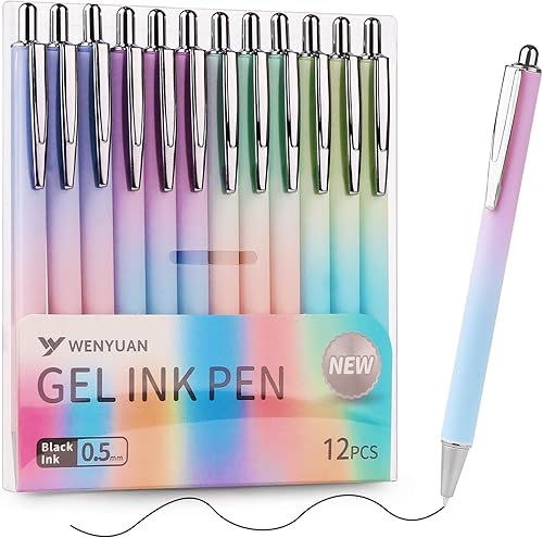 WY WENYUAN Bolígrafos de gel, 12 bolígrafos de tinta negra, bolígrafos de escritura suave de punta fina, bolígrafos pastel para tomar notas,