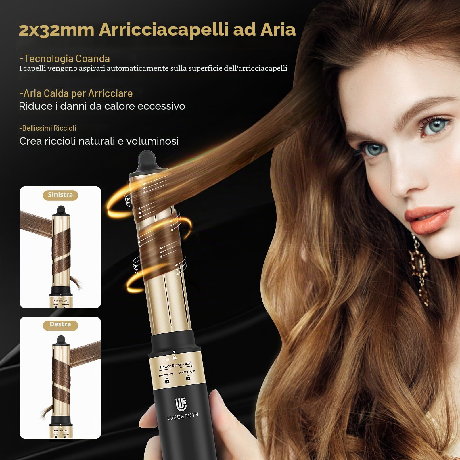 webeauty Airstyler 5 in 1, 110,000 giri/min, asciugacapelli 20 M/S, 200 milioni di ioni negativi con spazzola ad aria calda, spazzola per asciugacapelli, arricciacapelli ad aria, Nero