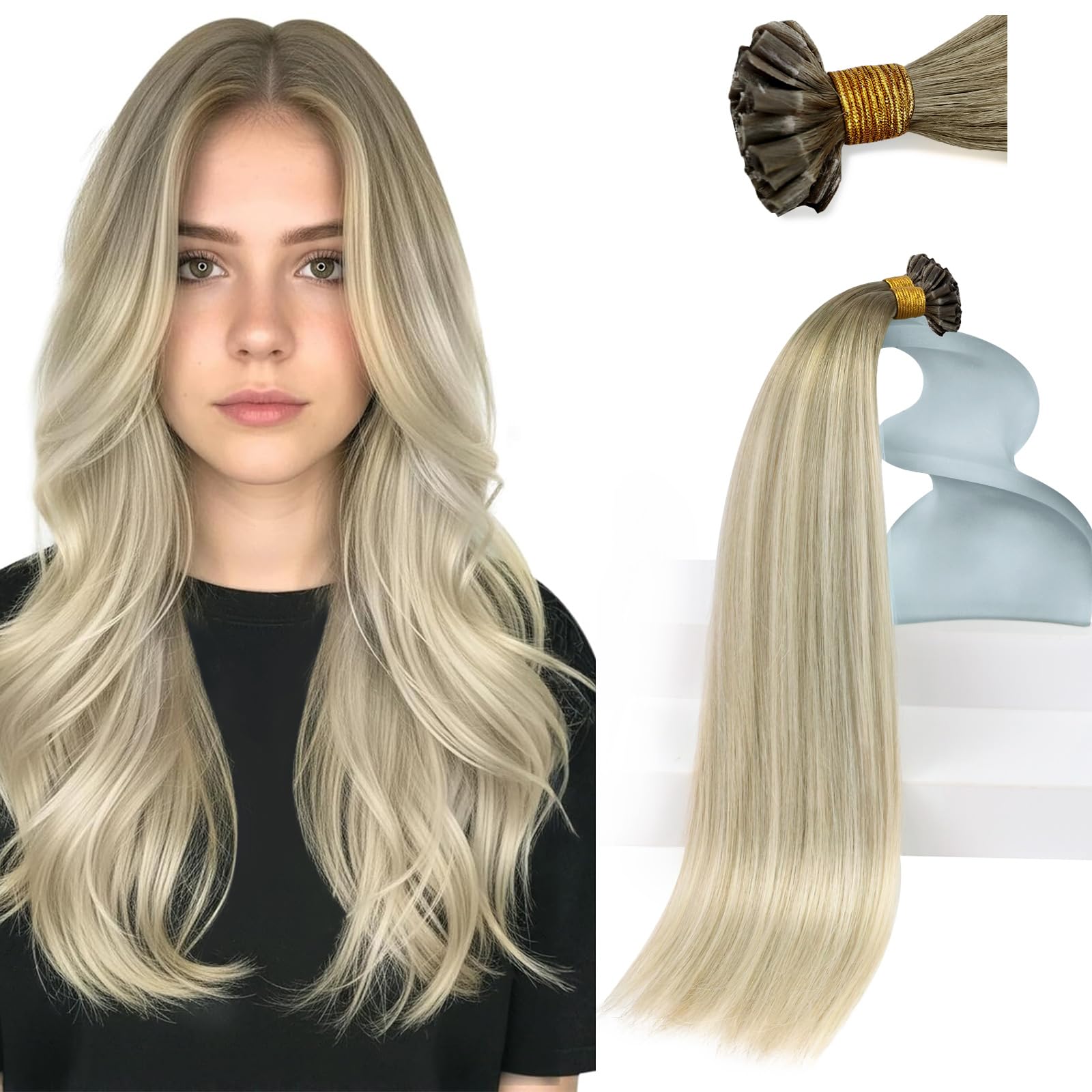 Sunny Hair 20inch K Tip Hair Extensions Human Hair Easy to Maintain U Tip Hair Extensions Human Hair Ombre Ash Blonde Balayage Platinum Blonde K Tips