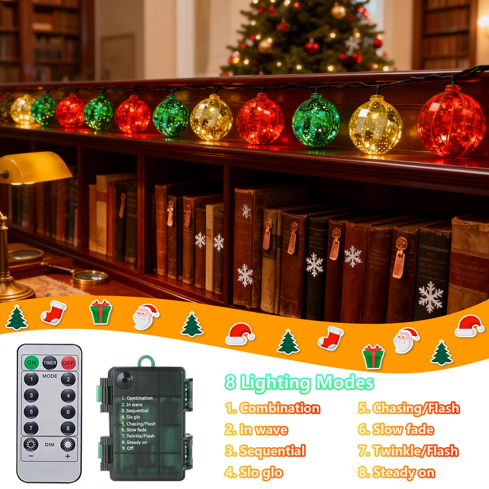 Guirlande lumineuse de Noël à piles, 7,7 m, 20 LED rouge, verte et dorée avec minuterie et 8 modes, étanche, pour arbre, chambre à coucher, fenêtre, porche, décoration