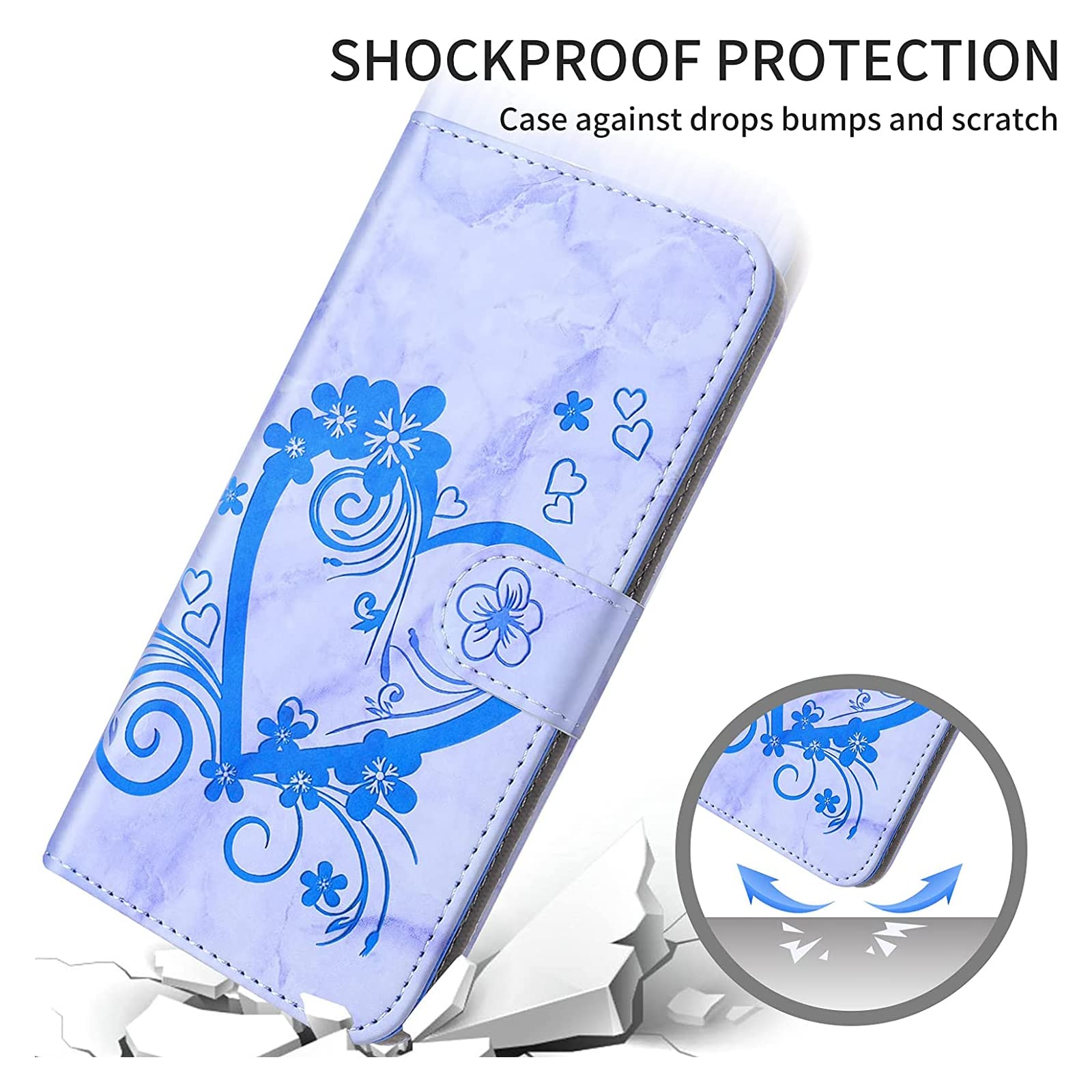 Norn Custodia per Xiaomi Redmi Note 8,protettiva Flip cover motivo floreale a cuore in pell Portafoglio case con stand Pieghevole antiurto slot per schede,Chiusura Magneticaa fiore,Blu