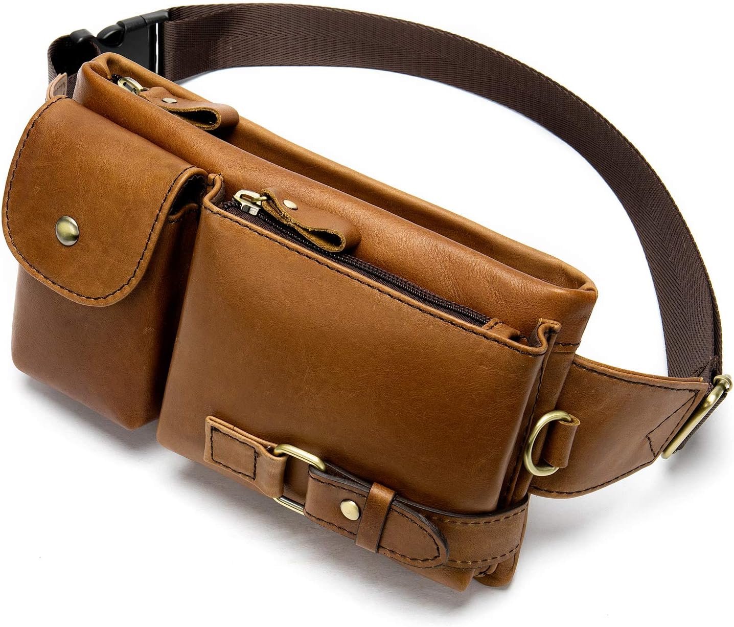 NIUCUNZH Cowhide Waist Fanny Pack-Genuine Leather and Slim with Adjustable Waistband Brown