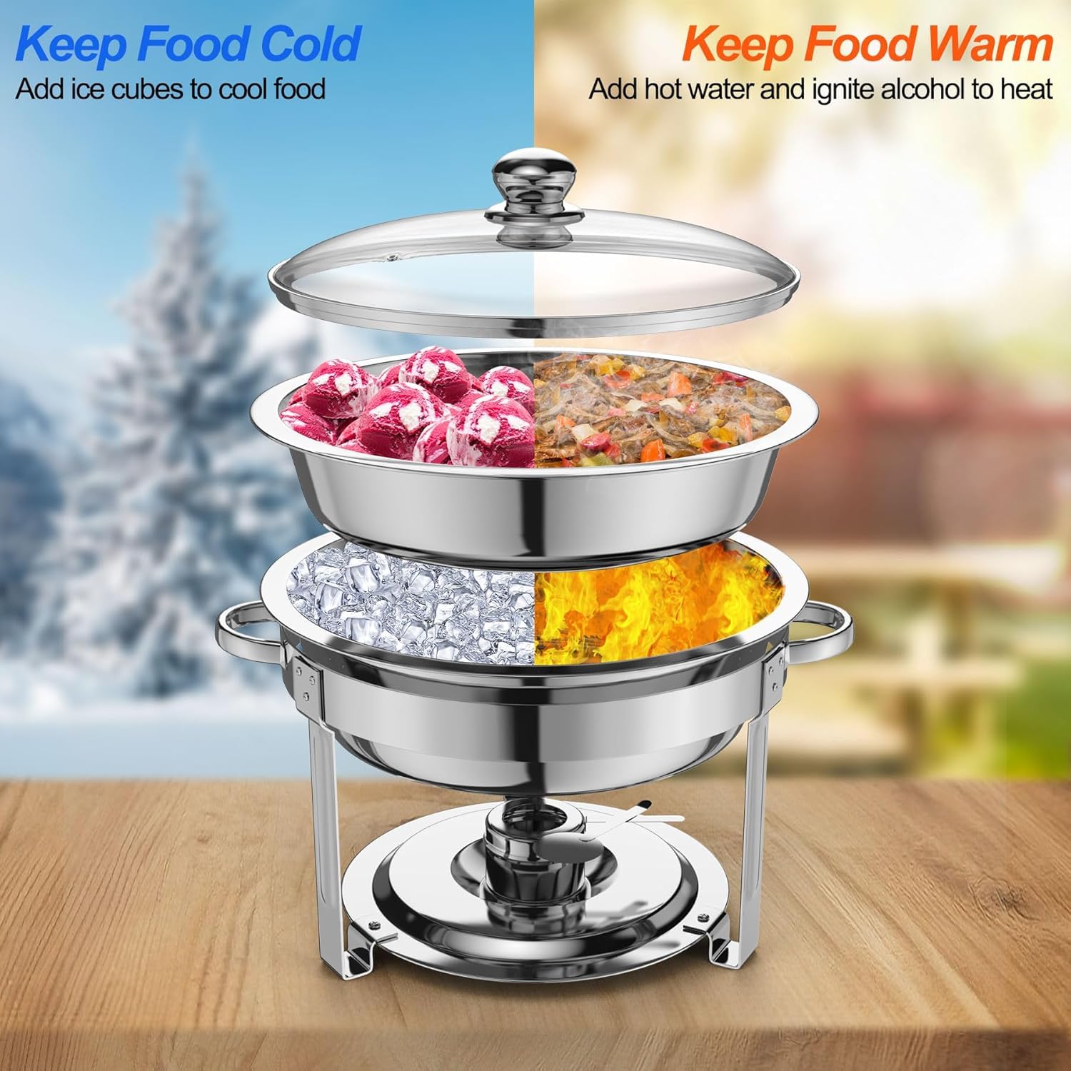 Set di 2 scaldavivande per buffet, in acciaio inox, 4.5 L Chafing Dish Buffet Rotondo Scaldavivande Rotondo in Acciaio Inox Contenitore,con Coperchi Pentole per Servire per Catering Ristoranti Feste