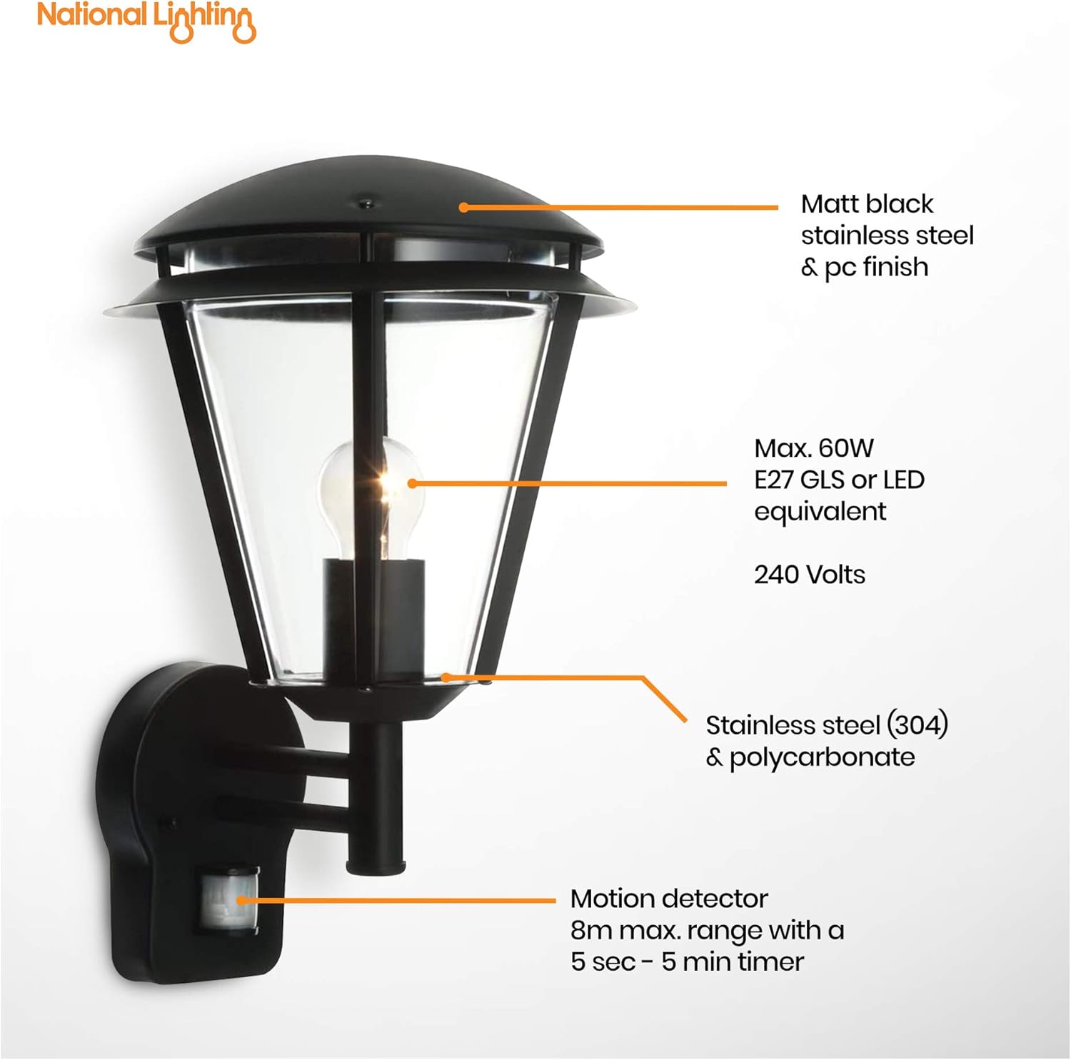 INOVA Outdoor Lights with Sensor - Security Lights Outdoor Motion Sensor - Matt Black Stainless Steel PIR Motion Sensor Lights - Motion Detector Outside Lights - IP44 Weatherproof Wall Lights 4