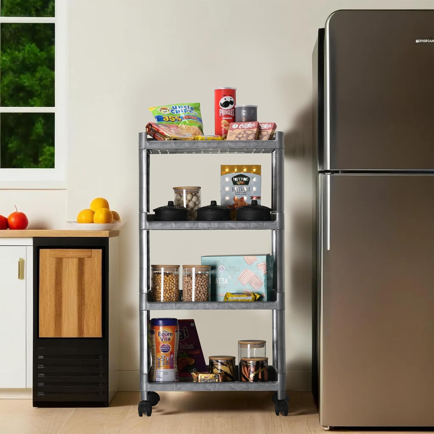 Fun Homes Storage Rack with Wheels | 4-Shelf Storage Organizer Rack | Multipurpose Storage Rack for Home & Office | Kitchen Cabinet Spice Rack | Vegetable Storage Trolley | Grey