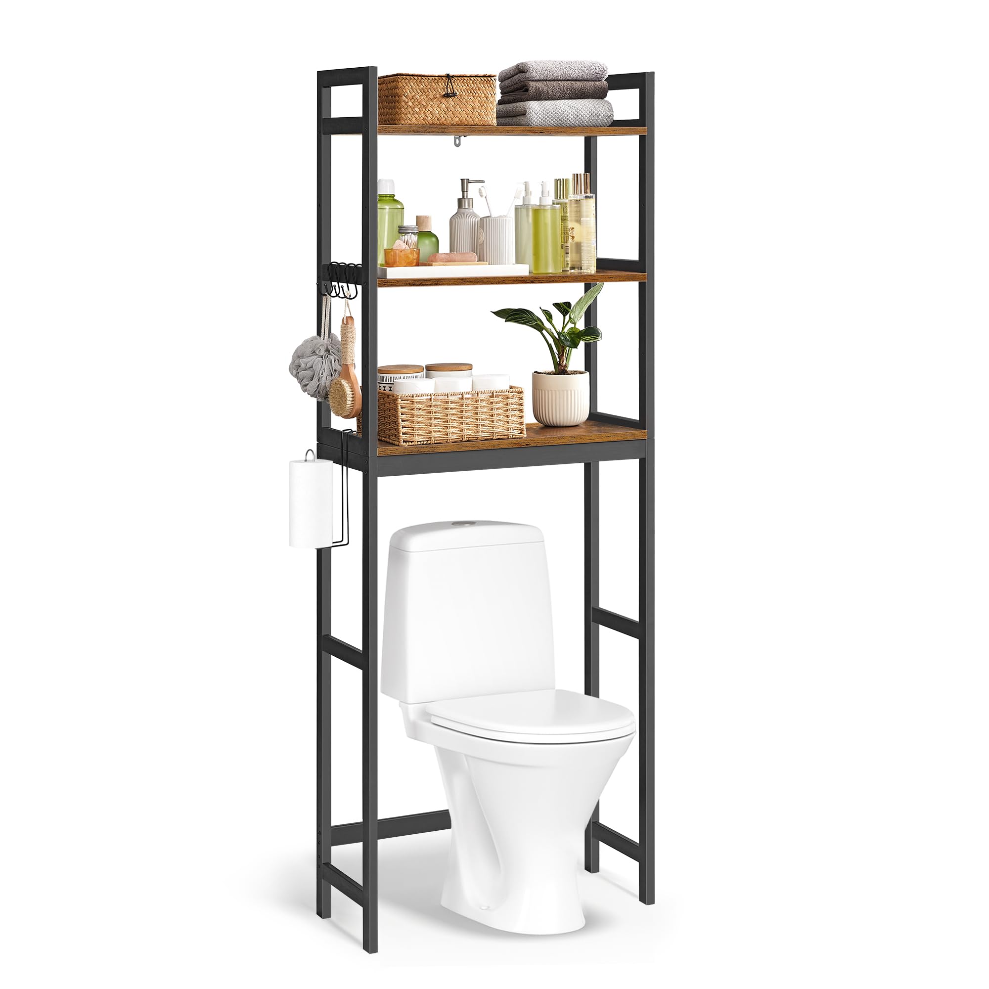 SONGMICS Over-The-Toilet Storage, 3-Tier Bathroom Organizer Over Toilet with Adjustable Shelves, Hooks, Bamboo, Freestanding Space Saver Bathroom Shelves, Rustic Brown and Ink Black UBTS012B01