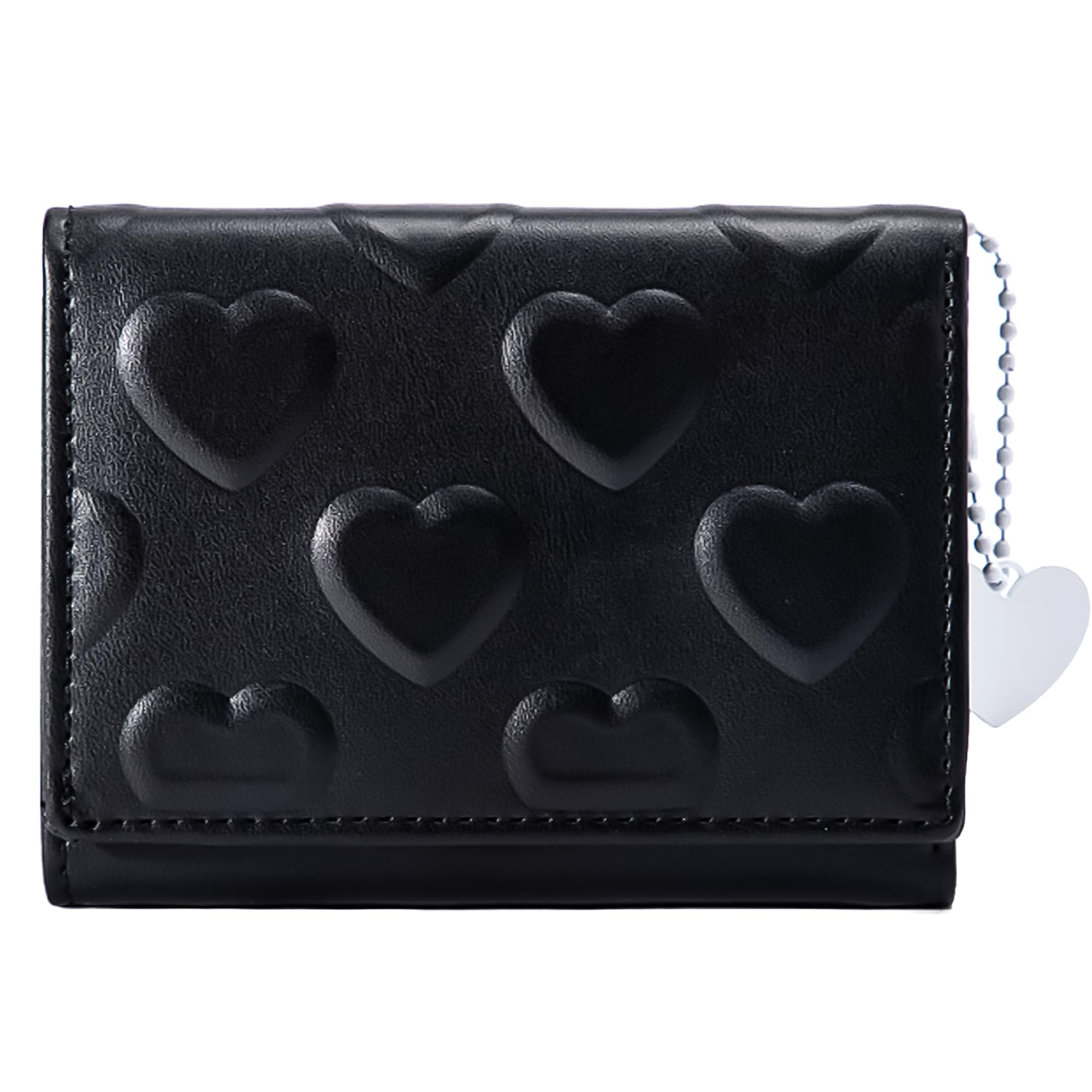 Sminra Womens Wallet Small Trifold Slim Leather Cute Wallet Cash Pocket with Heart chain Coin Purse ID Window Card Holder for Girls and Ladies (Black)