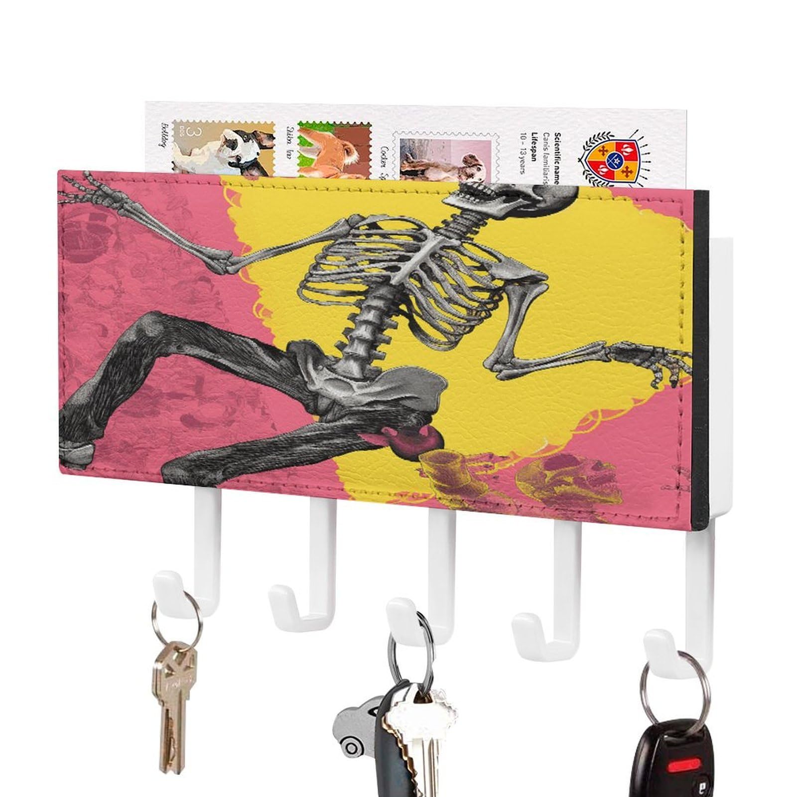 Fekiloot White-Style Peach Skull Key Holder Wall Mount Key Hanger With 5 Hooks Decorative Key Rack Hanging Key Hooks With Mail Organizer Key Holder For Wall Living Room Kitchen Bathroom Hallway White