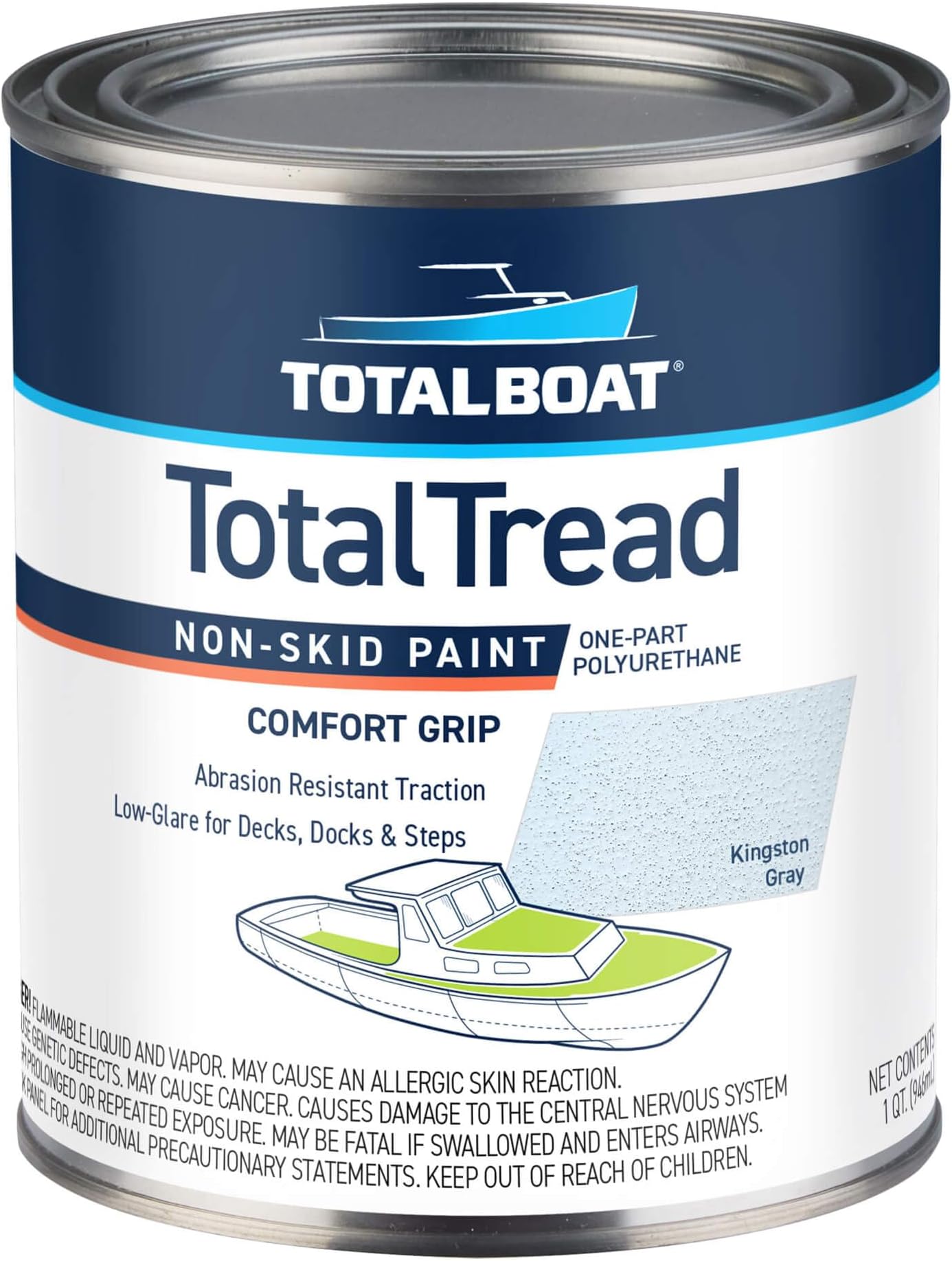 TotalTread Non-Skid Deck Paint, Marine-Grade Anti-Slip Traction Coating for Boats, Wood, Fiberglass, Aluminum, and Metals (Gray, Quart)