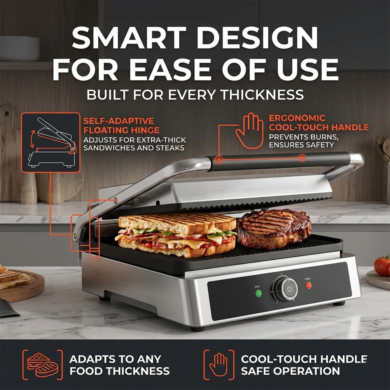 Piastra per panini Professionale da 1800 W - Griglia elettrica Professionale in Acciaio Inox con Piastre in ghisa per panini Artigianali, bistecche e Riscaldamento Uniforme (Commercial)