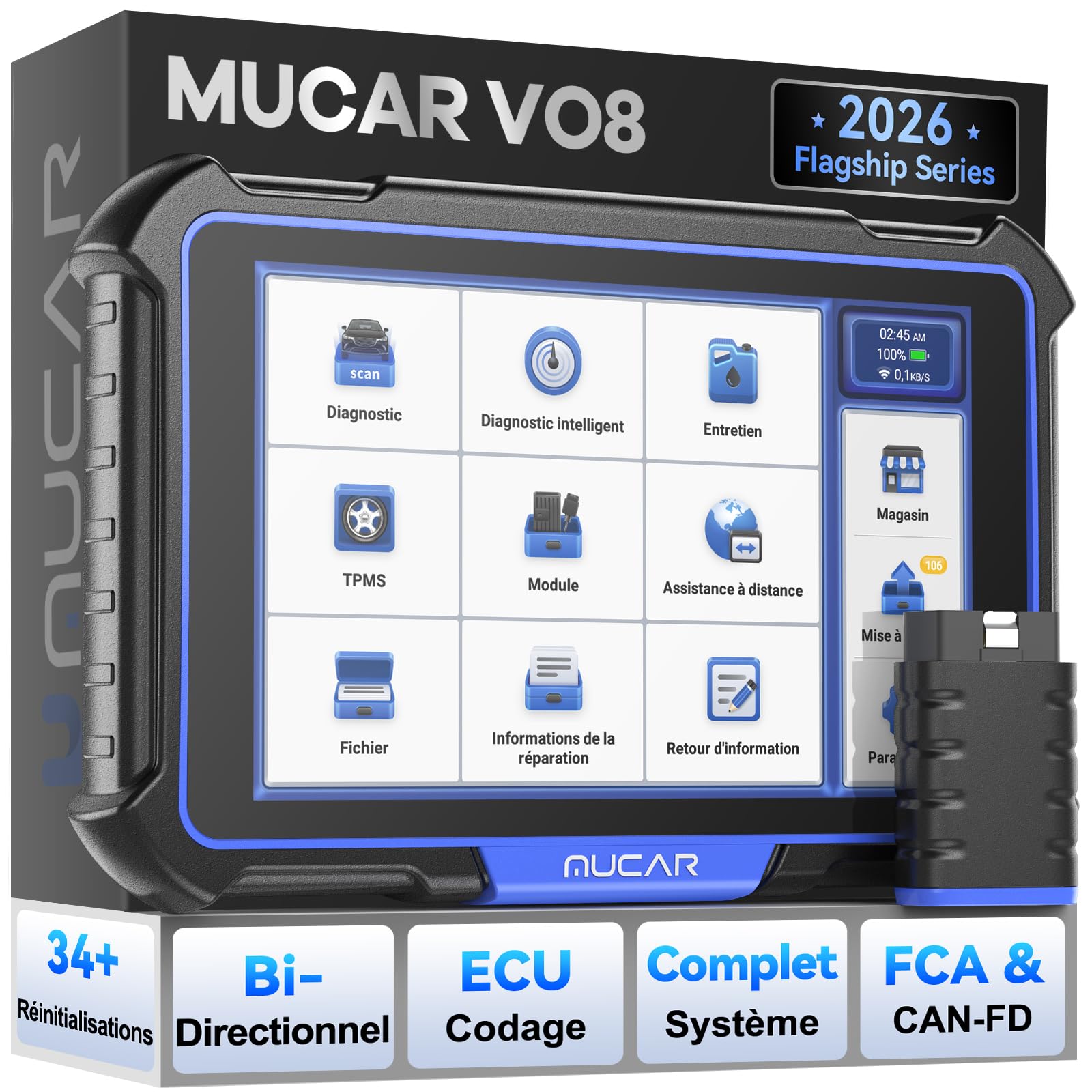 MUCAR VO8 Outil de Balayage Bidirectionnel, Diagnostic OE à l'échelle du Système, Codage ECU, Test Proactif, 34+ Services, FCA Auto Verification, Gratuit à Vie