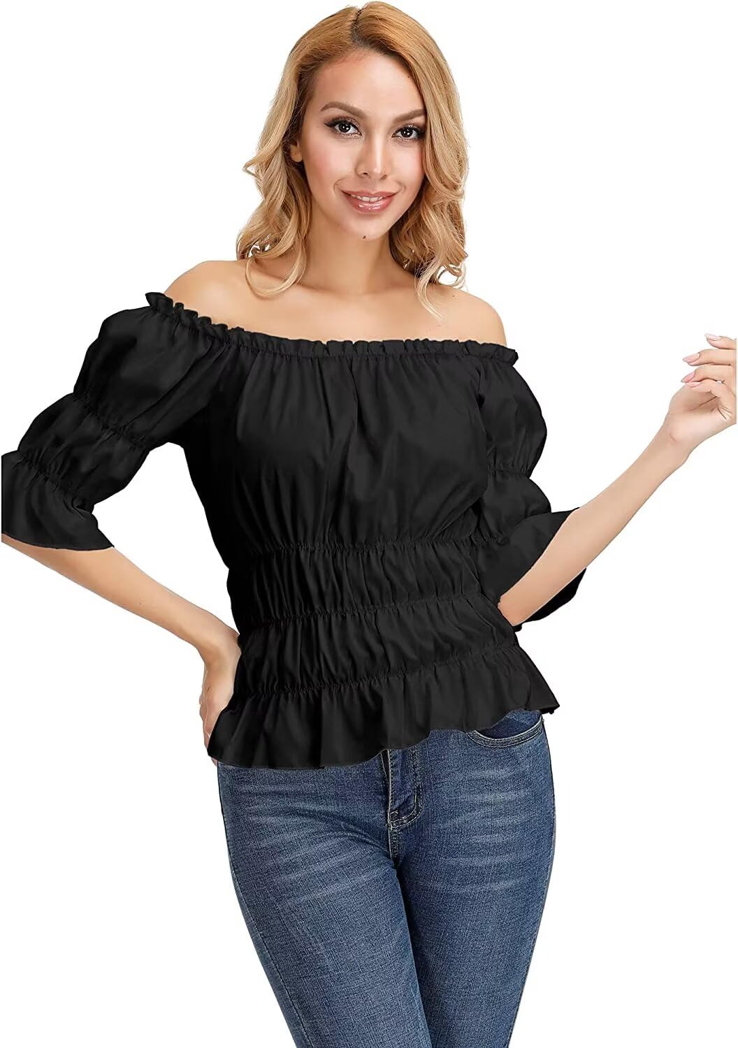 jutrisujo Black Women's Blouses & Shirts Off The Shoulder Medieval Renaissance Top Pirate Gothic Short Sleeve Summer Plus Size Ladies XXS