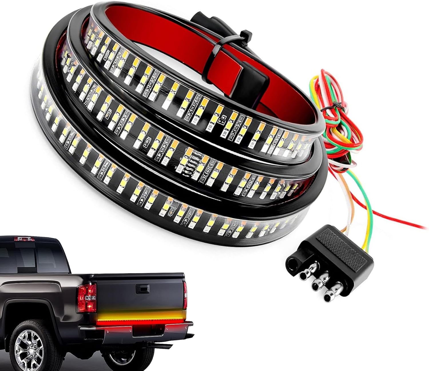Car LED Tailgate Light Bar, IP65 Water-Proof Triple Row Tail Strip with Light Flow Effect, Super Bright Plug and Play Running Indicator Lamp, Universal for Most Cars (Multicolored)