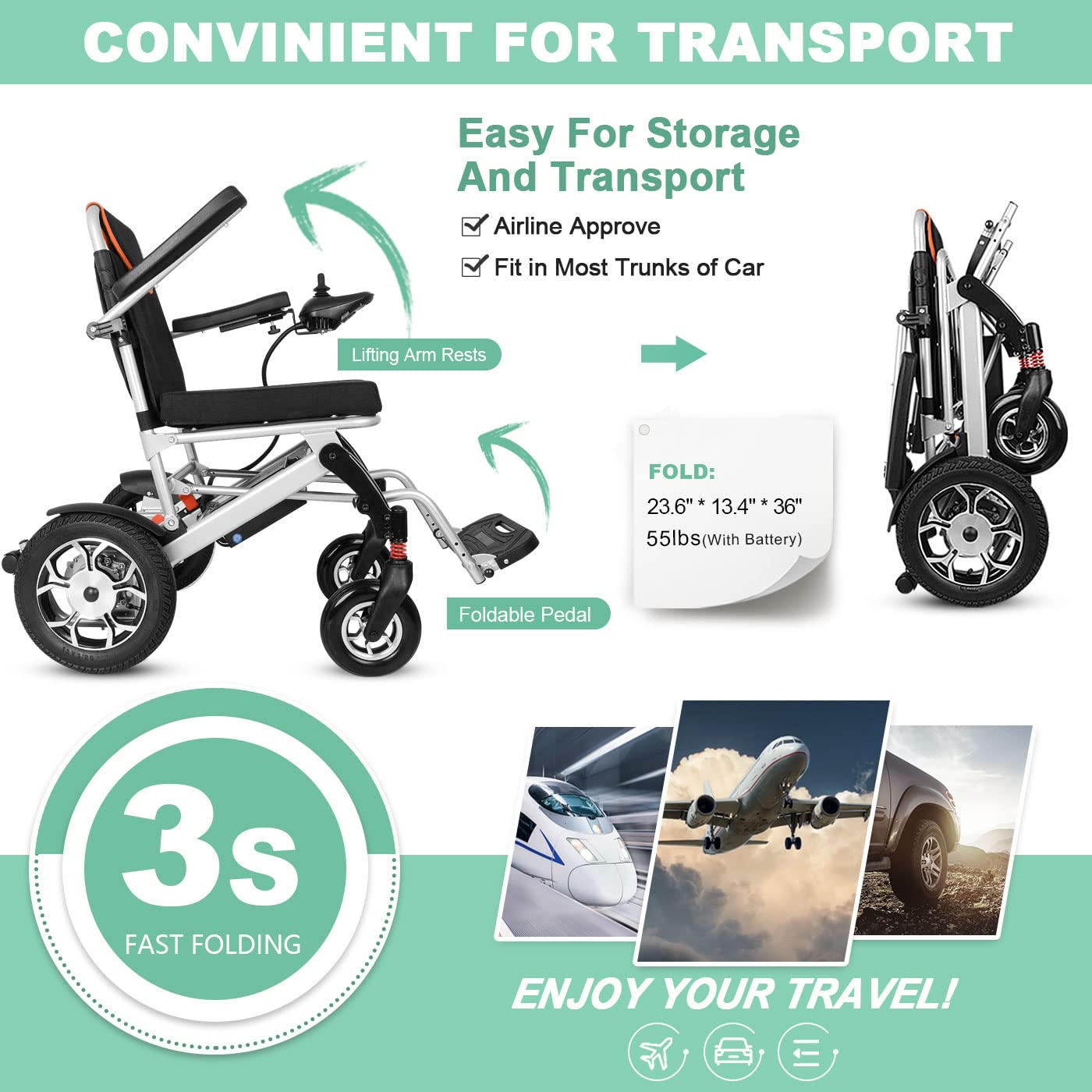 Silla de Ruedas Eléctrica Liviana Plegable Power Mobility Peso de la Silla de Ruedas de Solo 58 Lb con Neumáticos Traseros de 12"Soporte Más Estable Motores Duales de 220 Lb Y Batería de Lit