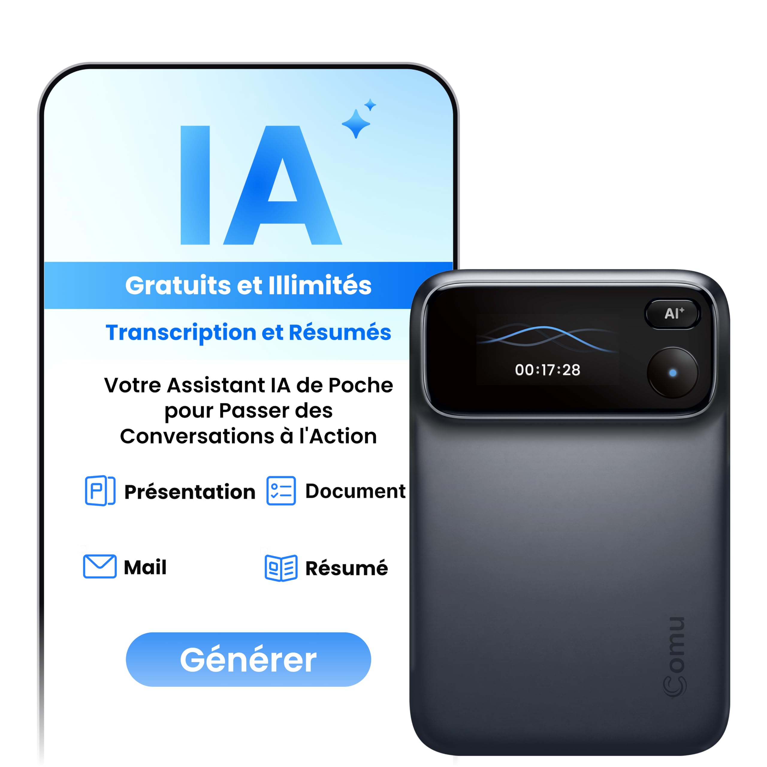 Comu Action Pro Enregistreur Vocal IA Dictaphone avec Agent IA Intelligent
