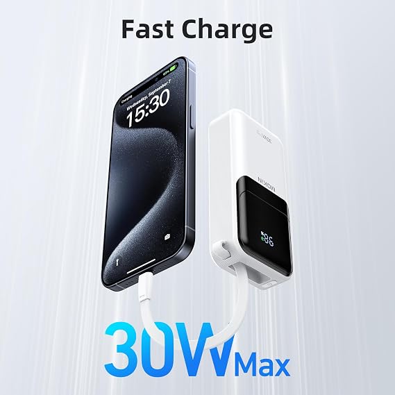 MOKiN Portable Charger, 10000mAh 30W Power Bank Fast Charging, Phone Battery Pack with Built in Cable, 4 Outputs, Travel Compact Powerbank USB C for iPhone iPad Pro MacBook Air Samsung