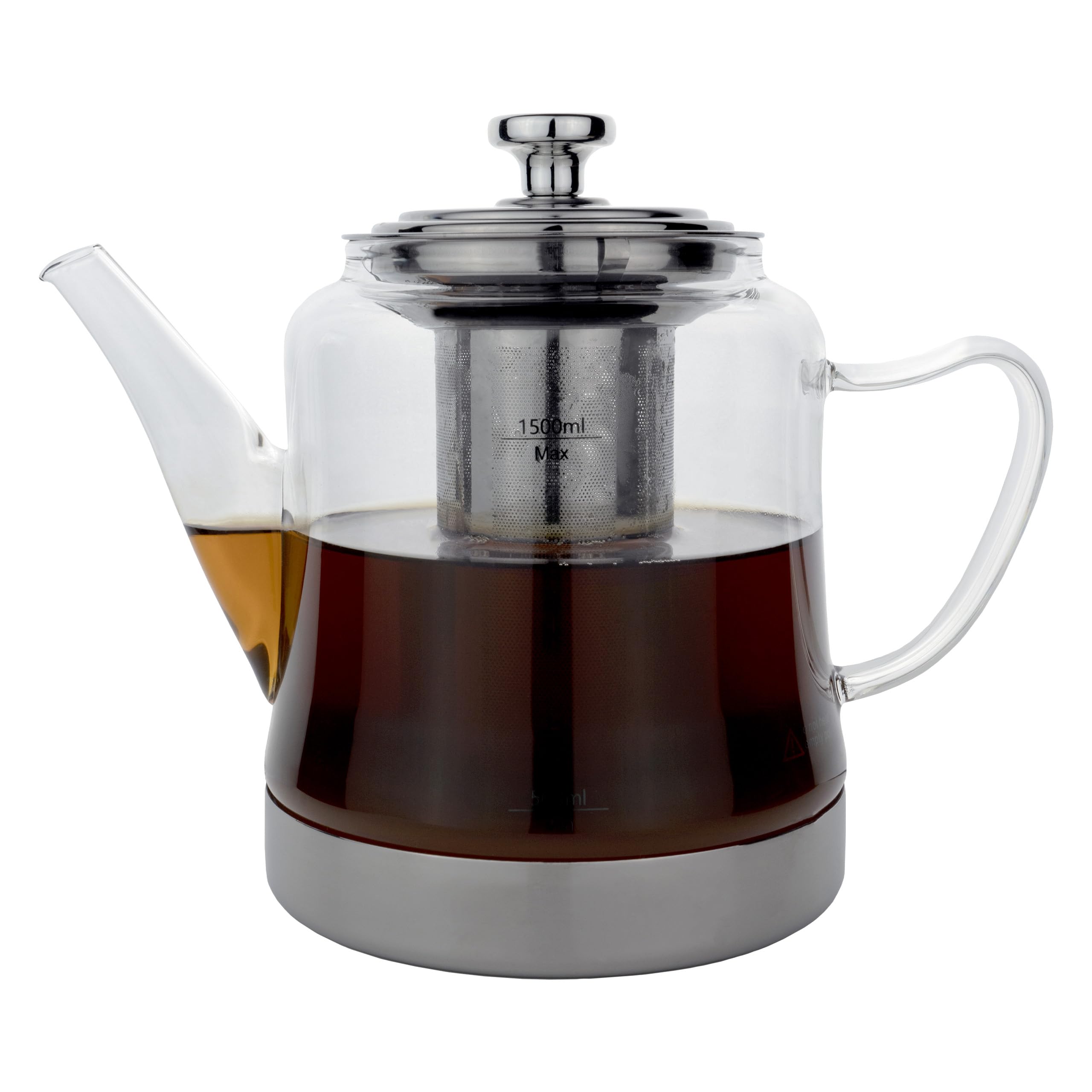 Café Olé Silver Stovetop Teapot, Rust Resistant Stainless Steel Infuser And Base, Dishwasher Safe, 1.5L,