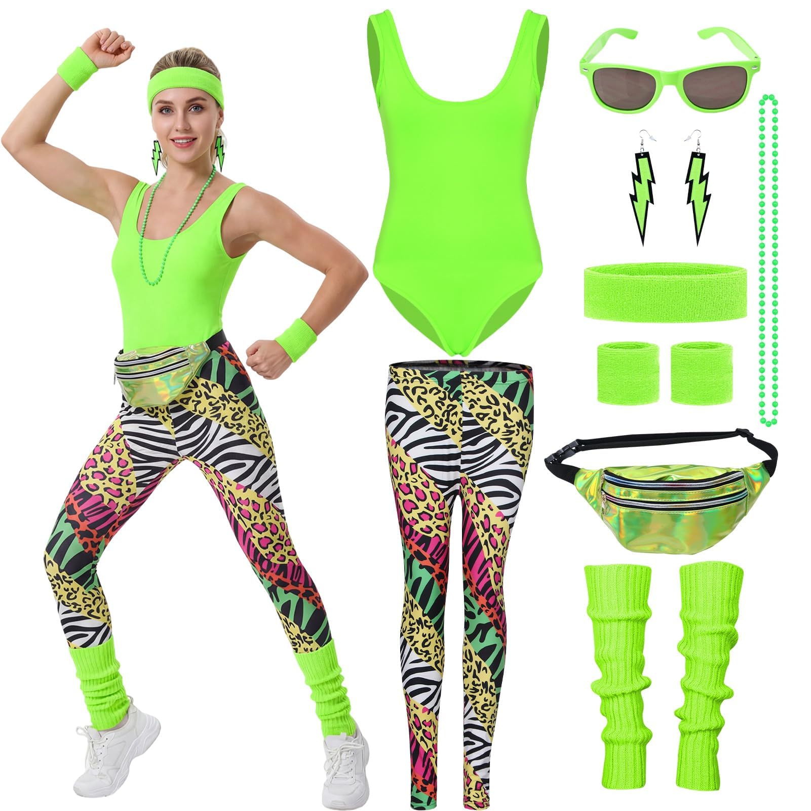 Aleshime 80s Fancy Dress Costume for Women – 80s Workout Outfit with Neon Bodysuit, Animal Print Leggings & Retro Accessories for 80s Theme Party, Hen Do, Festival (Green, L)